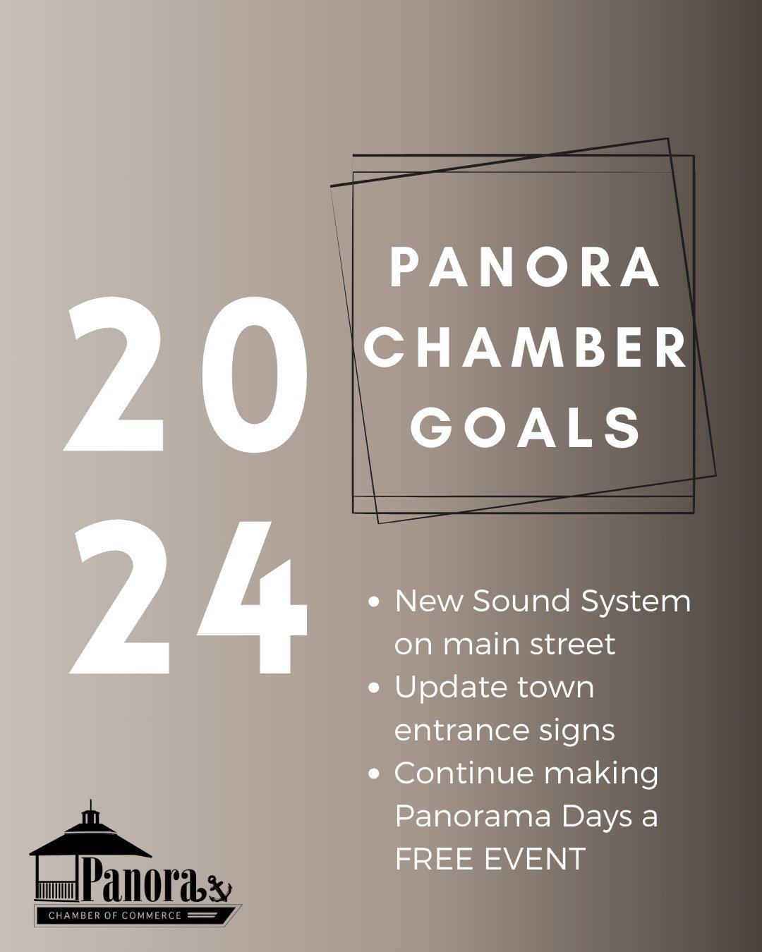 🌟 Three goals for Panora Chamber! 🌟 
As part of our commitment to making our beloved business district thrive, we've outlined our BIG goals for 2024: 
1.🔊 Bring a fresh vibe with a new downtown sound system!
2. 🚧 Update our city entrance signs to