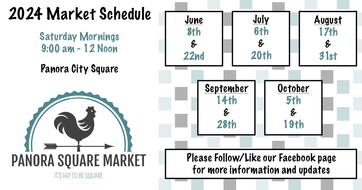 Looking forward to having Panora Square Market in town every other Saturday Morning starting in June!

If you would like to be a vendor or have questions please email panorasquaremarket@gmail.com

#GrowPanora #PanoraSquareMarket #FamersMarket #Vendor