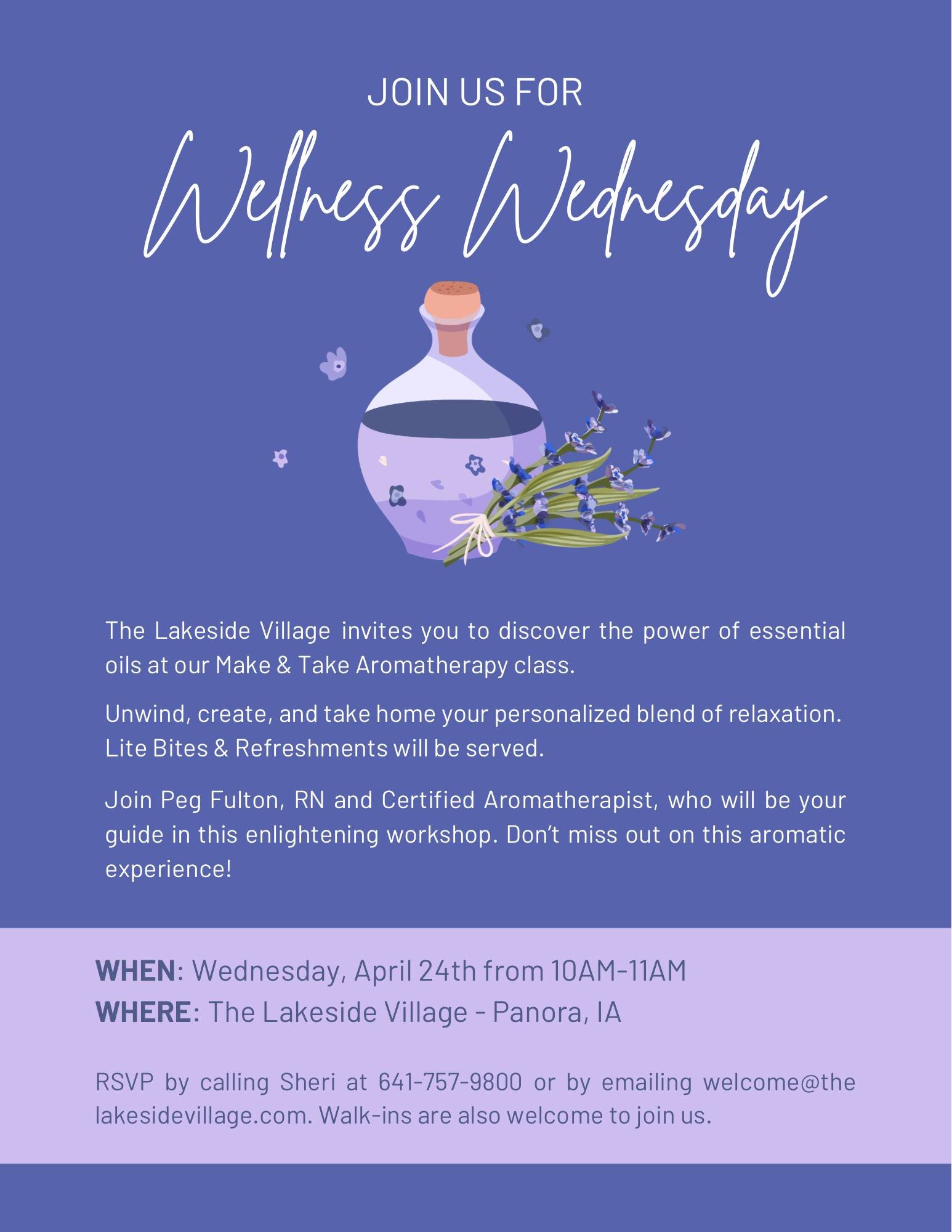 Chamber Member, Lakeside Village, is hosting a Wellness Wednesday Workshop!

See the flier for more details!

RSVP to Sheri at 641-757-9800 or email welcome@thelakesidevillage.com

Walk-Ins are welcome to join the event also! 

#ChamberChampion #Well