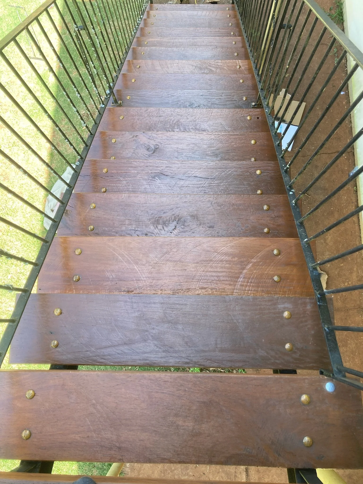 Timber outdoor stairs with safety handrails