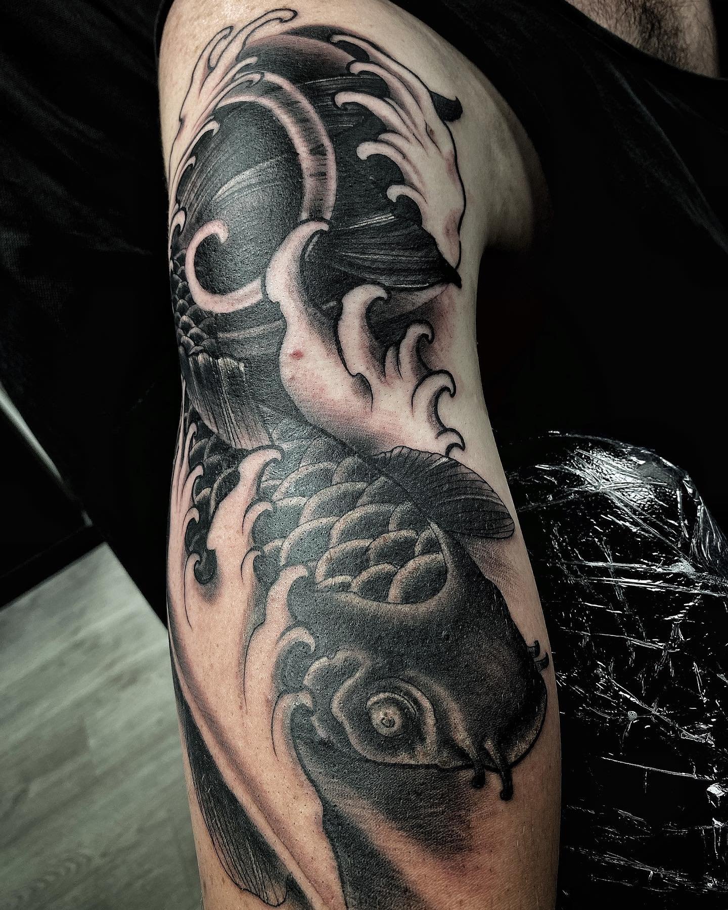 Lil koi tat I did on @dunkz_sr20vet at @thunderhorse.tattoo. Thanks to @erinchancetattoo and @nickzeien.tattoo for your hospitality!! See you at @nztattoofestival later this year!! #bcollinstattoo #thunderhorsetattoo #havegunwilltravel #koitattoos #s