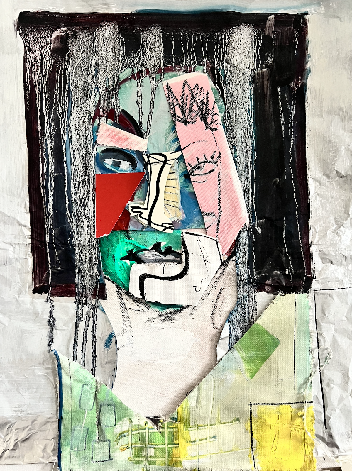 "woman in the anaretic degree", 2026 |
16x20 in |
mixed media collage on aluminium foil
