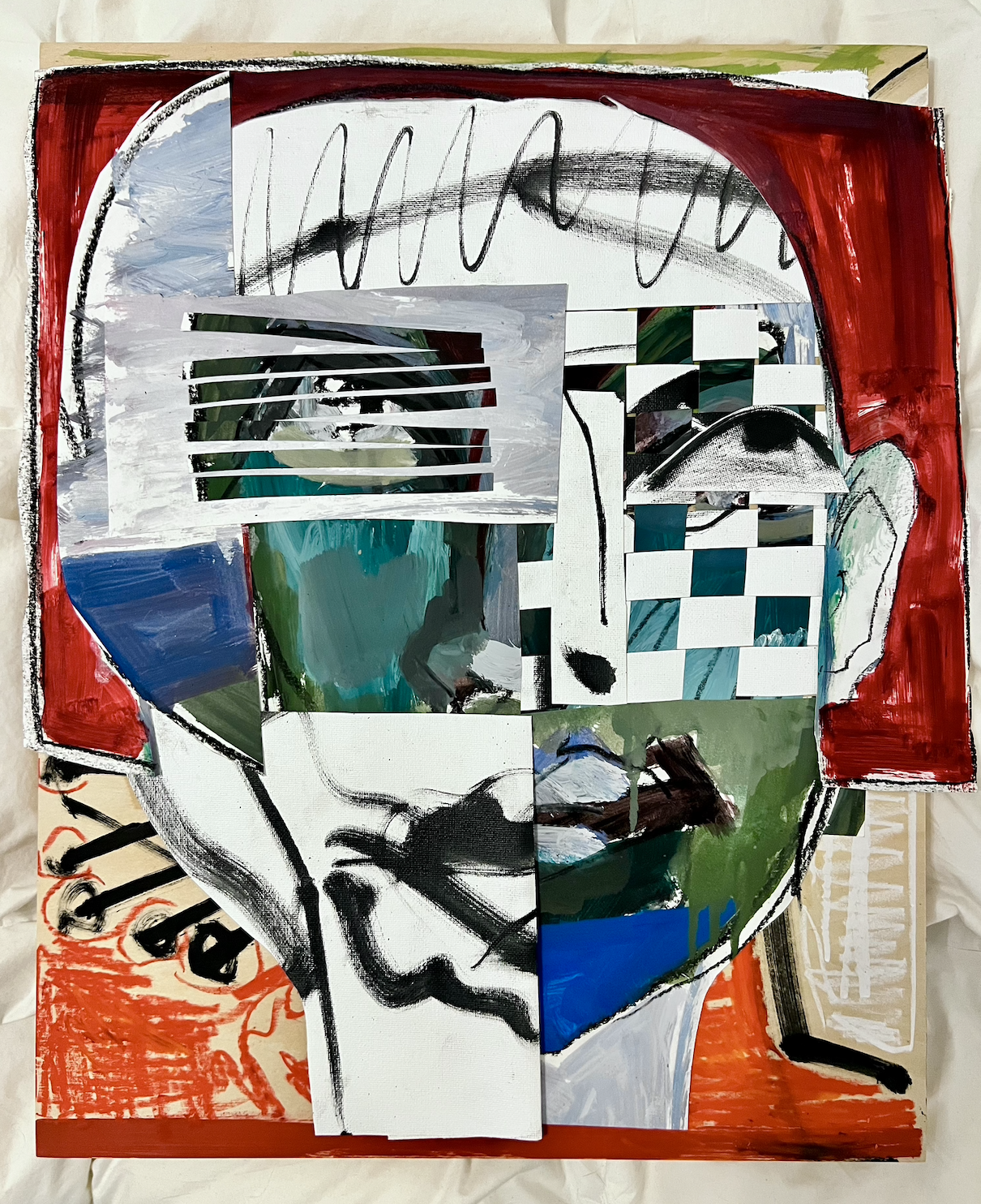 "to whom the guillotine is not a threat", 2026 |
16x20 in |
mixed media collage on wood panel