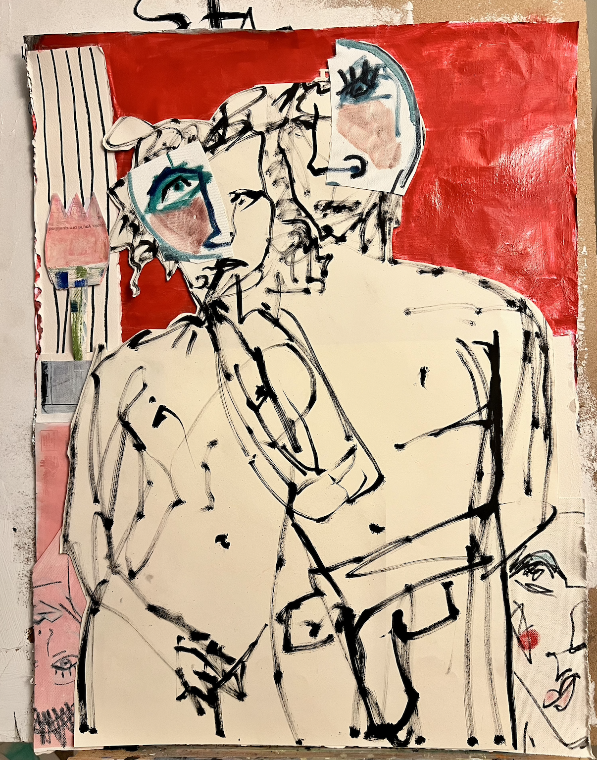 "the lovers (and the watchers), 2026 (SOLD) |
22x25 in |
mixed media collage on aluminium foil