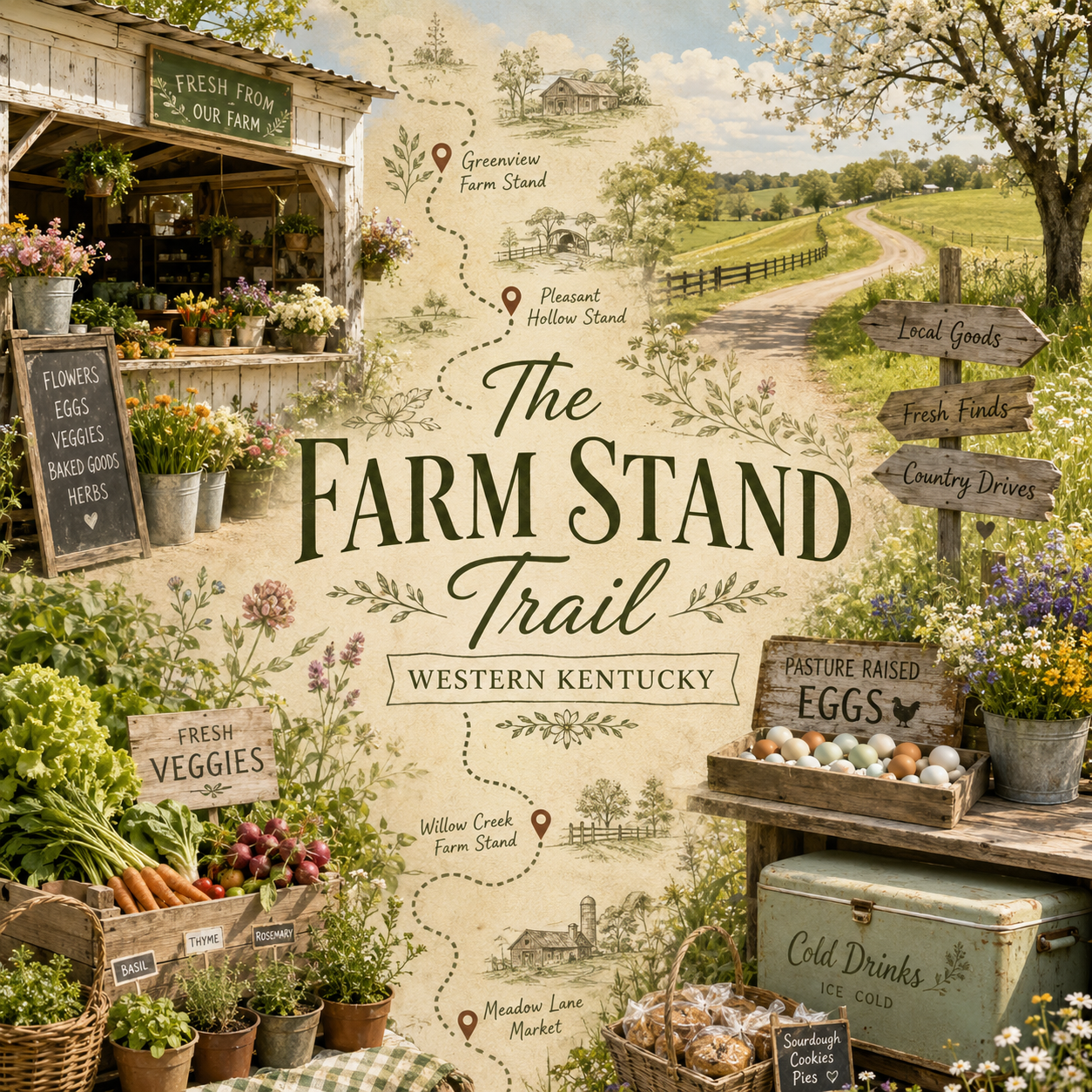 Posters and signs promoting a farm stand trail in Western Kentucky, featuring fresh vegetables, eggs, flowers, and baked goods, with a scenic country landscape in the background.