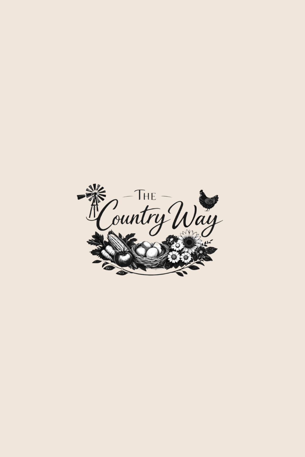 Logo with the words 'The Country Way' surrounded by illustrations of a windmill, a hen, an apple, corn, eggs, and flowers on a beige background.