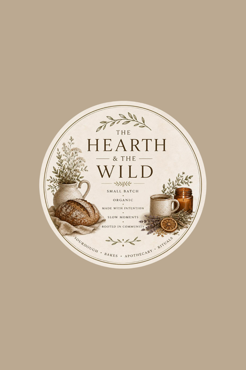 A circular label with a natural, earthy design featuring bread, a jug with foliage, a mug, a jar, dried lemon slices, and lavender. Text reads 'The Hearth & The Wild' and mentions organic, slow moments, community, and rituals.