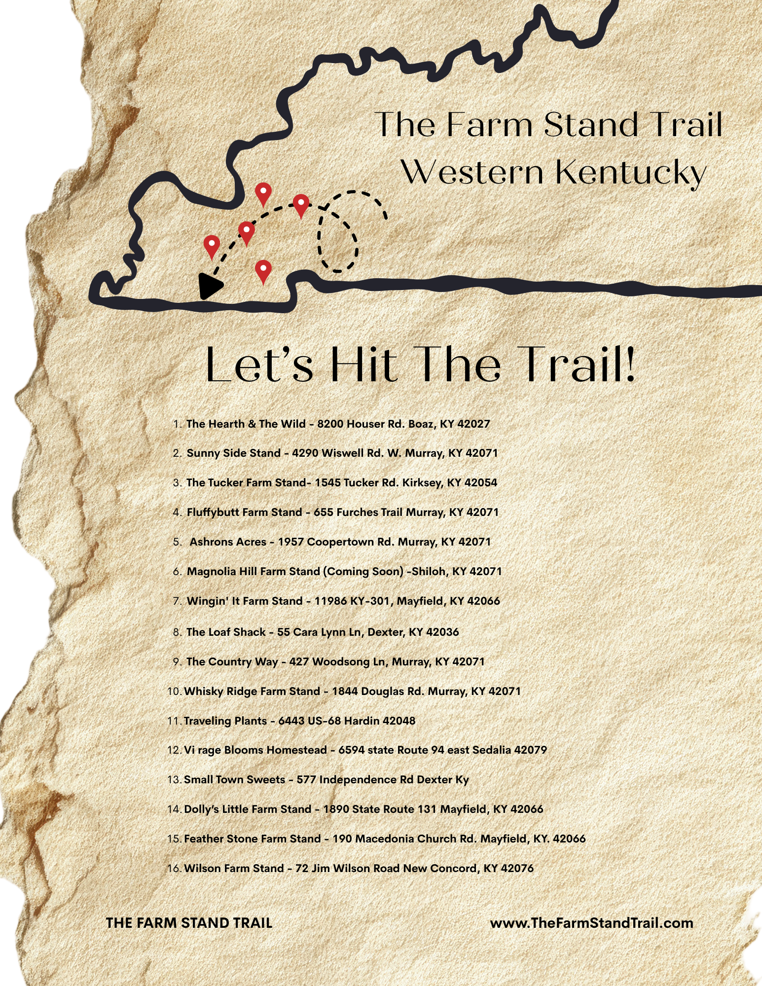 Map of The Farm Stand Trail in Western Kentucky, showing various farm stands and their addresses along the trail, with a black trail line and red location markers.