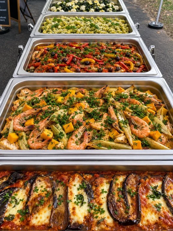 Stacked chafing dishes with various prepared dishes including roasted vegetables, shrimp with herbs, assorted pasta, and eggplant Parmesan.