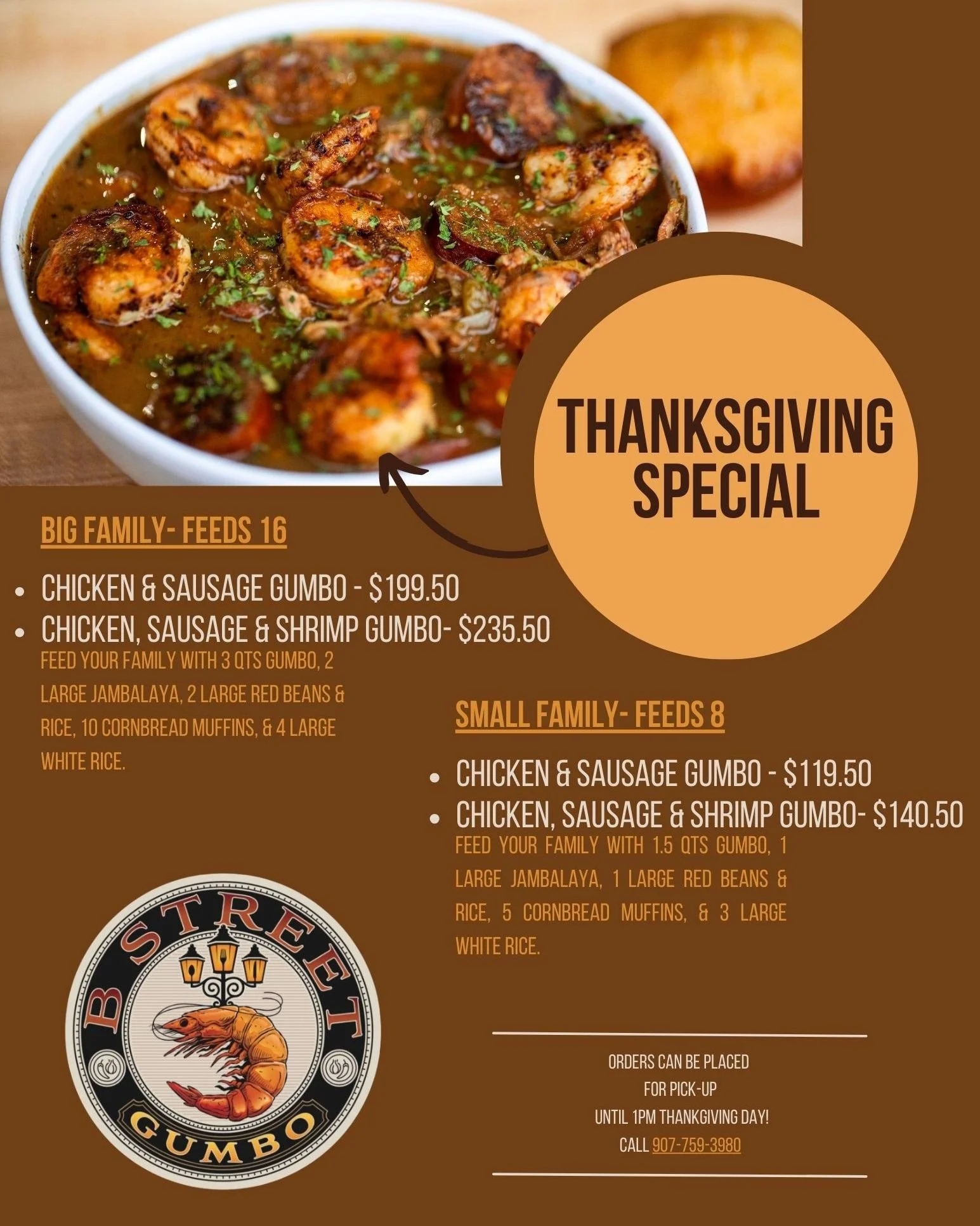 Still deciding what to bring for Thanksgiving dinner? Grab your last minute grub and change it up a bit with B Street Gumbo! Call 907-759-3980 to place your order! 🦃🙏