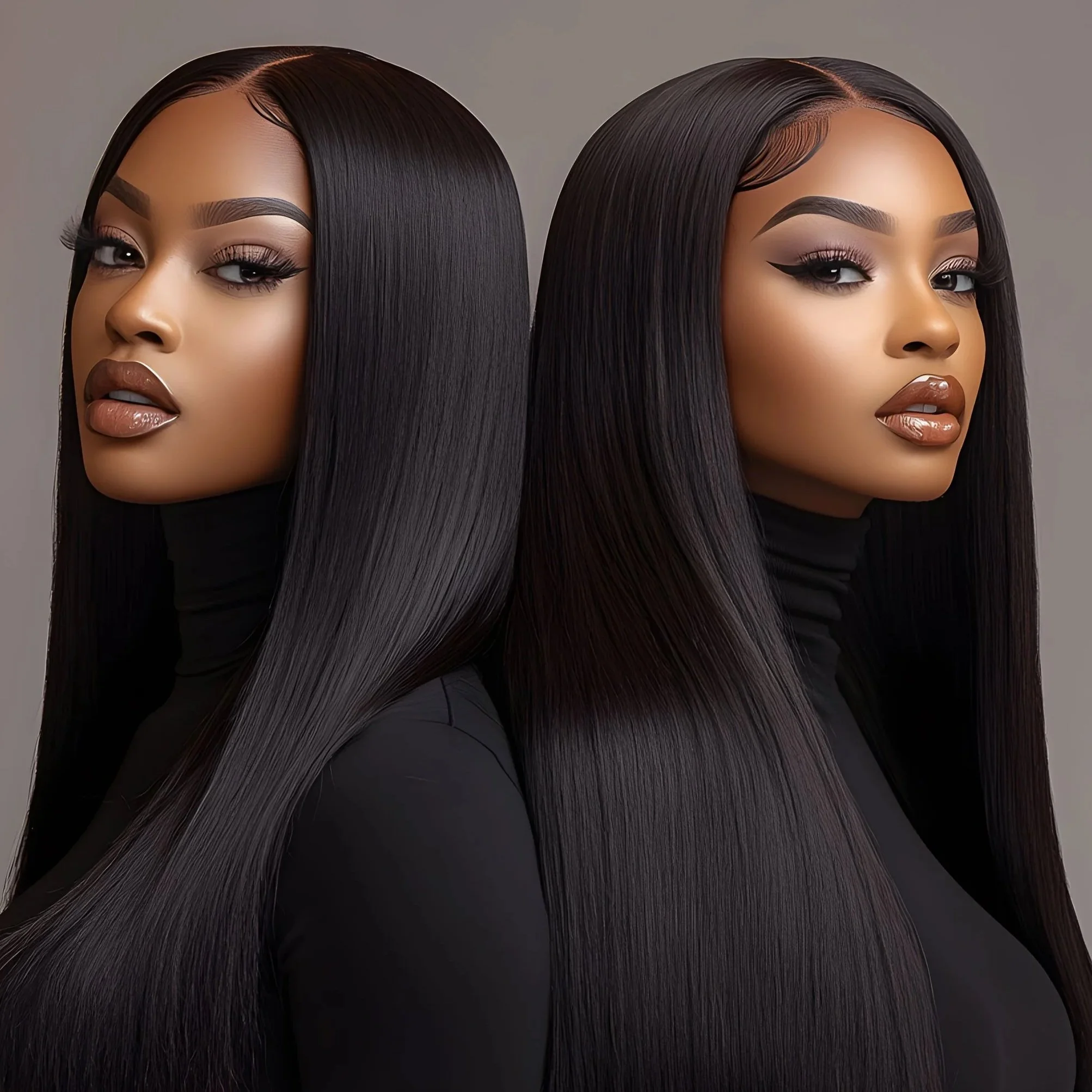 Two women with long, straight black hair and full makeup, looking to the side against a plain background.