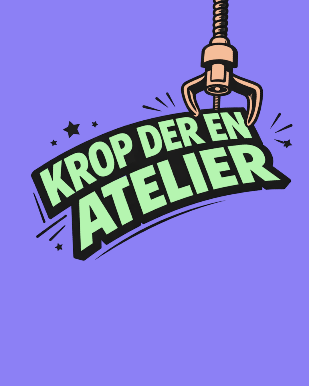 Lime green logo of 'Krop der en Atelier' on a purple background