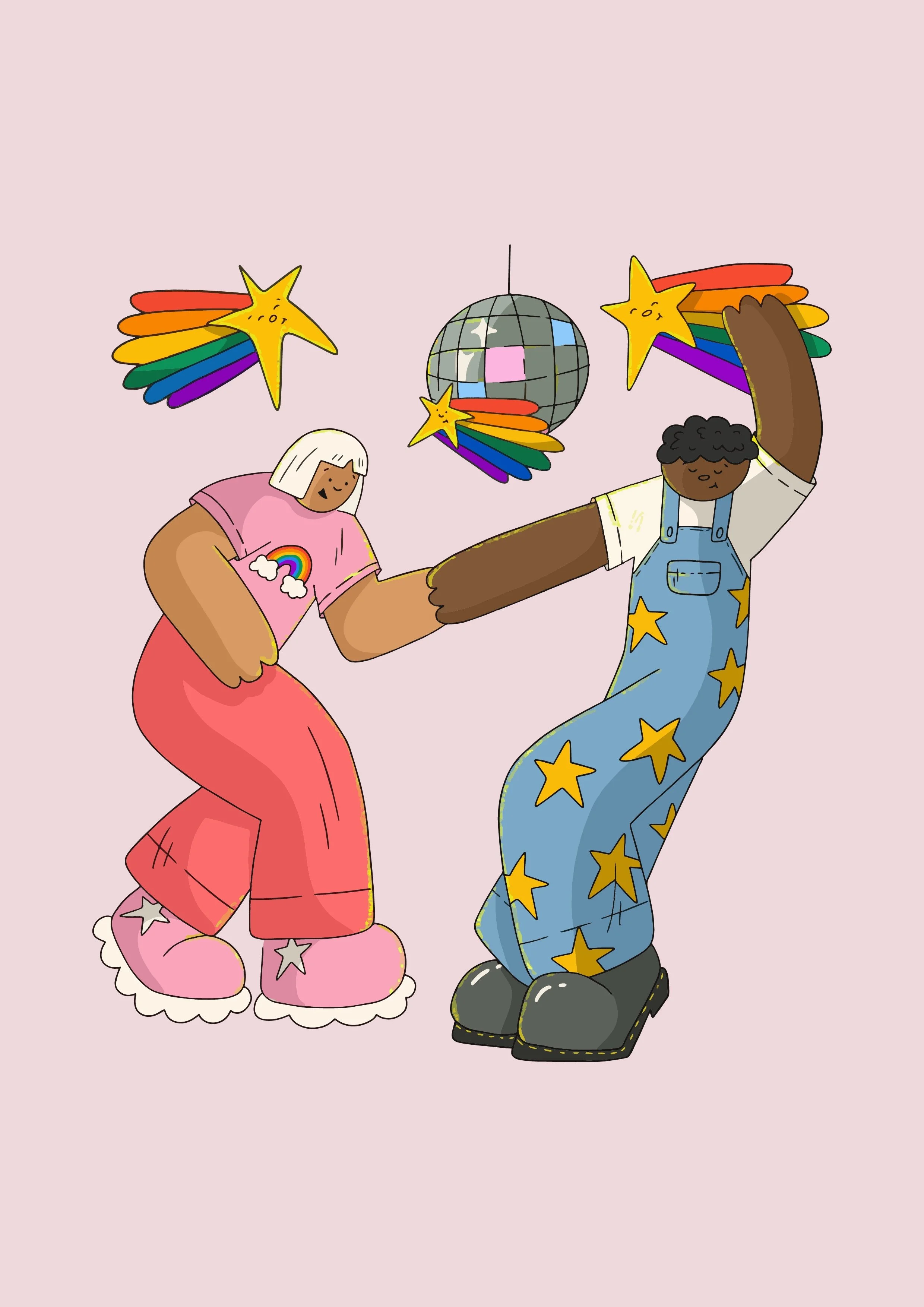 Two people dancing in a colorful, fun setting with a disco ball, rainbow stars, and hanging rainbow-striped star decorations.