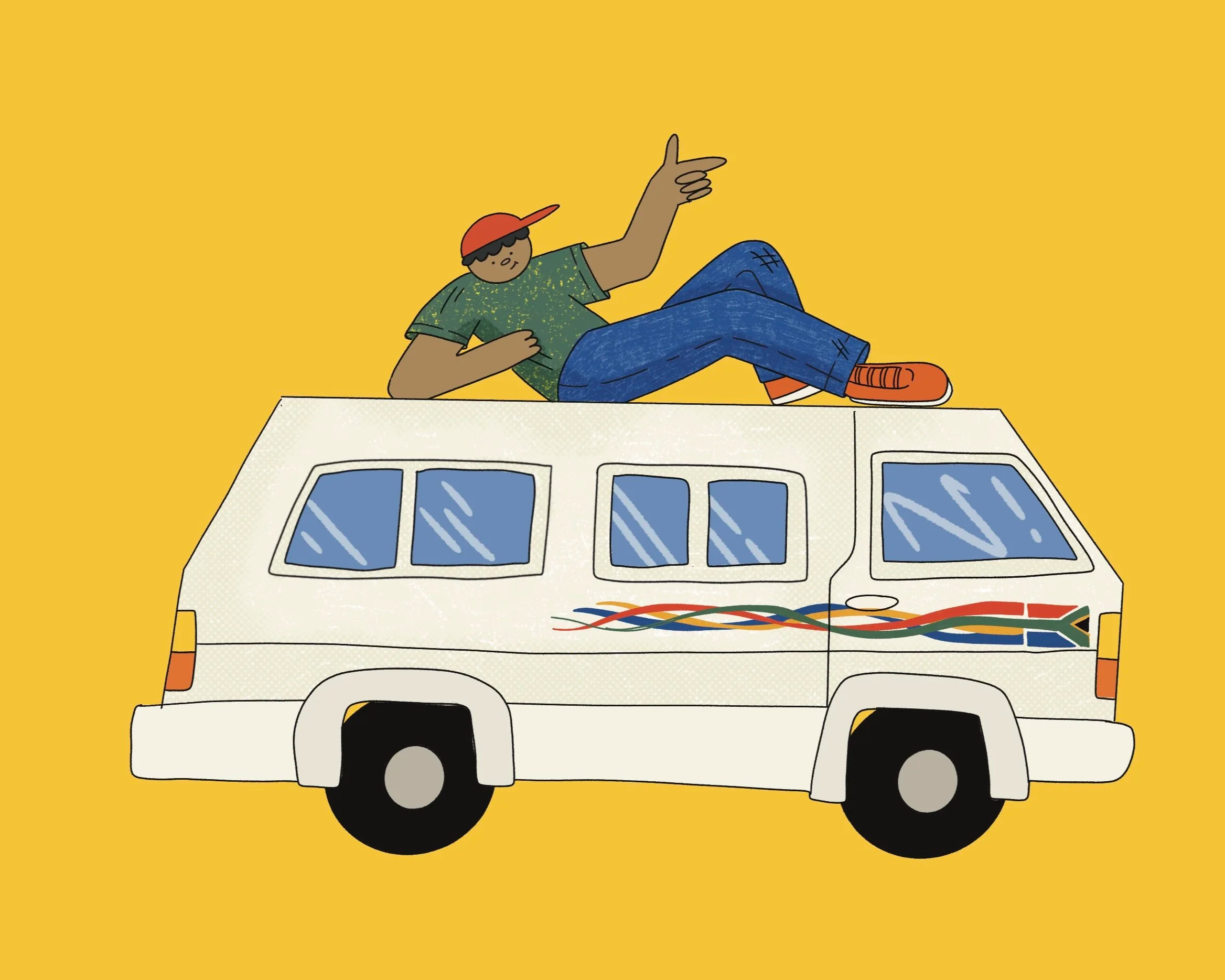 A cartoon person lying on top of a white van with colorful flame designs on the side, against a yellow background. The person is wearing a red cap, green shirt, blue jeans, and orange shoes, and is pointing upward with one hand.