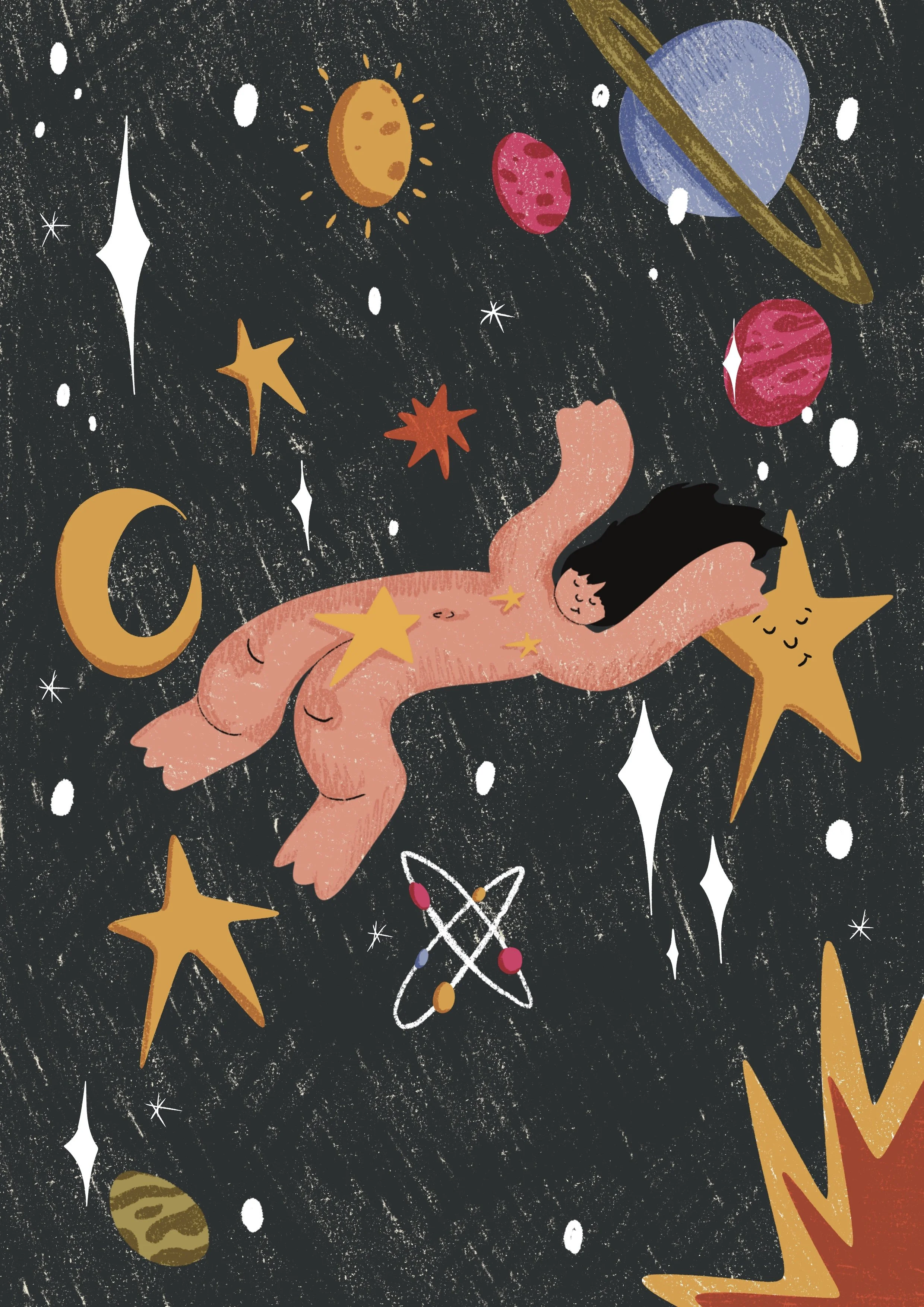 A  with long dark hair floating in space among stars, planets, and celestial objects. The  is depicted with a relaxed, happy expression, surrounded by colorful stars, planets, moons, and a stylized atomic symbol, all set against a dark, textured background.