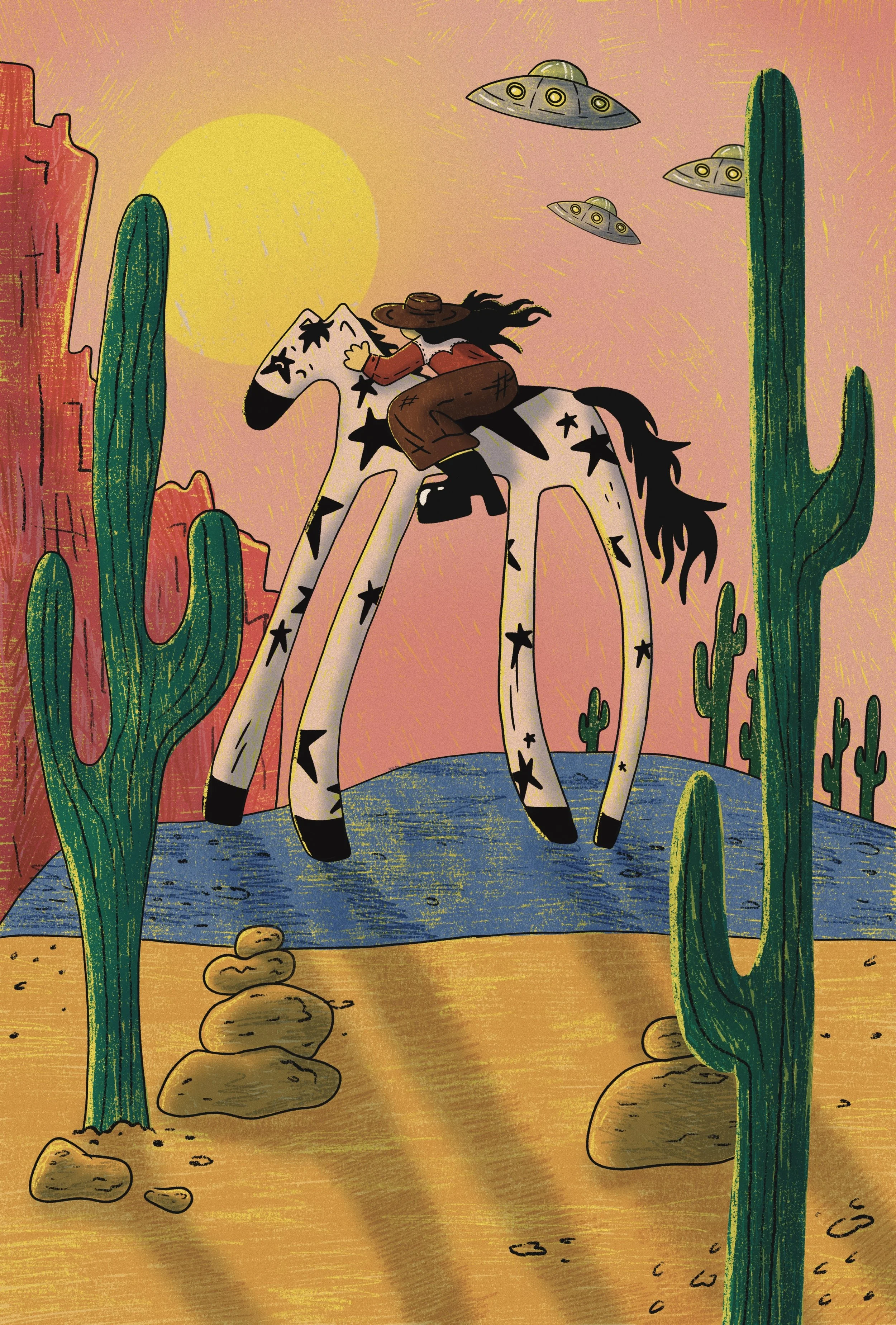 A cartoon-style illustration of a girl riding a horse in the desert, with large cacti, rocks, a yellow sun, and flying saucers in the sky.