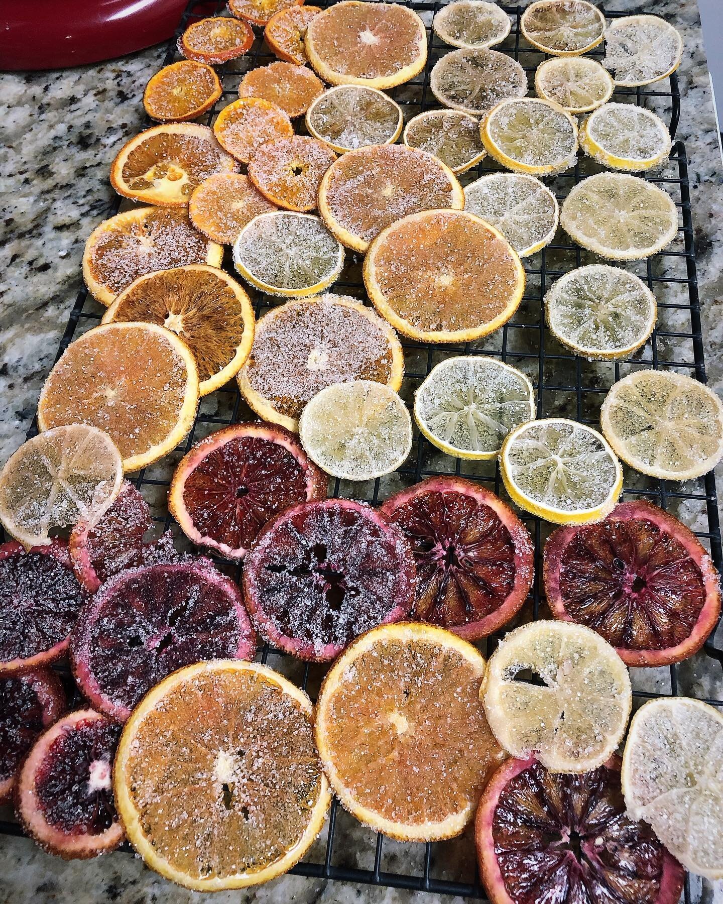 Sugar coated candied citrus slices.

#candy #citrus #bloodorange #lemon #orange