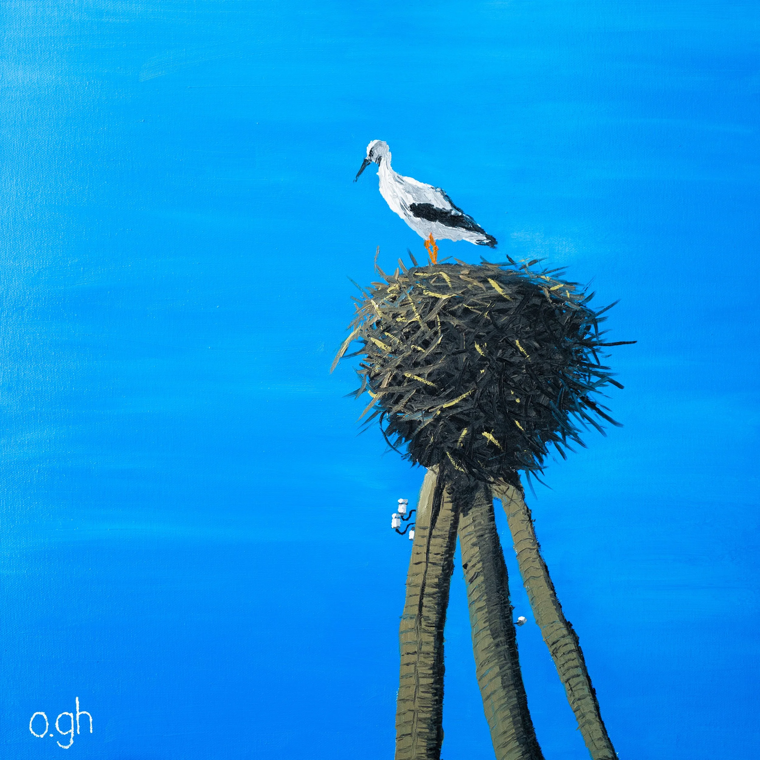 Storken (2023). Olja på duk 40x40 cm