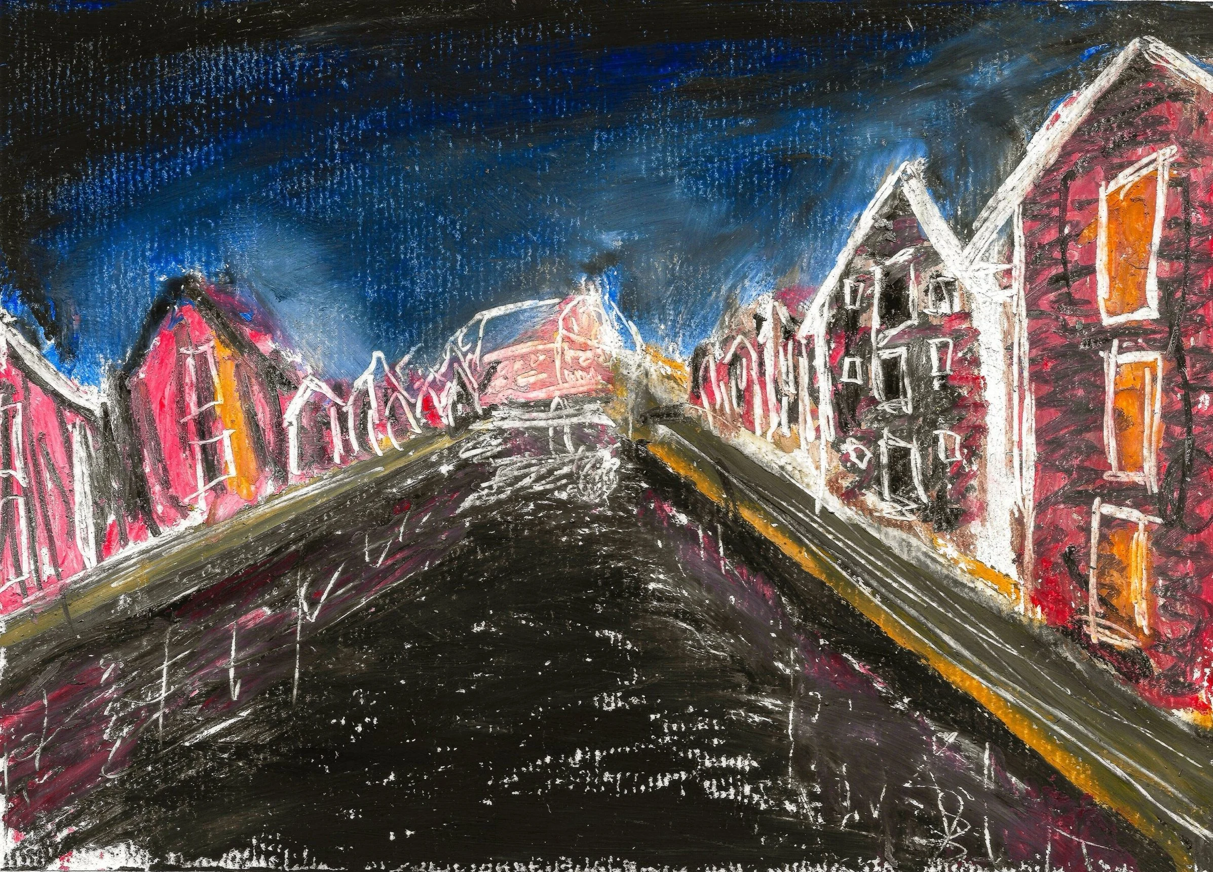 Sjöbodar i natten (2024). Oljepastell på papper, ca 17x12 cm