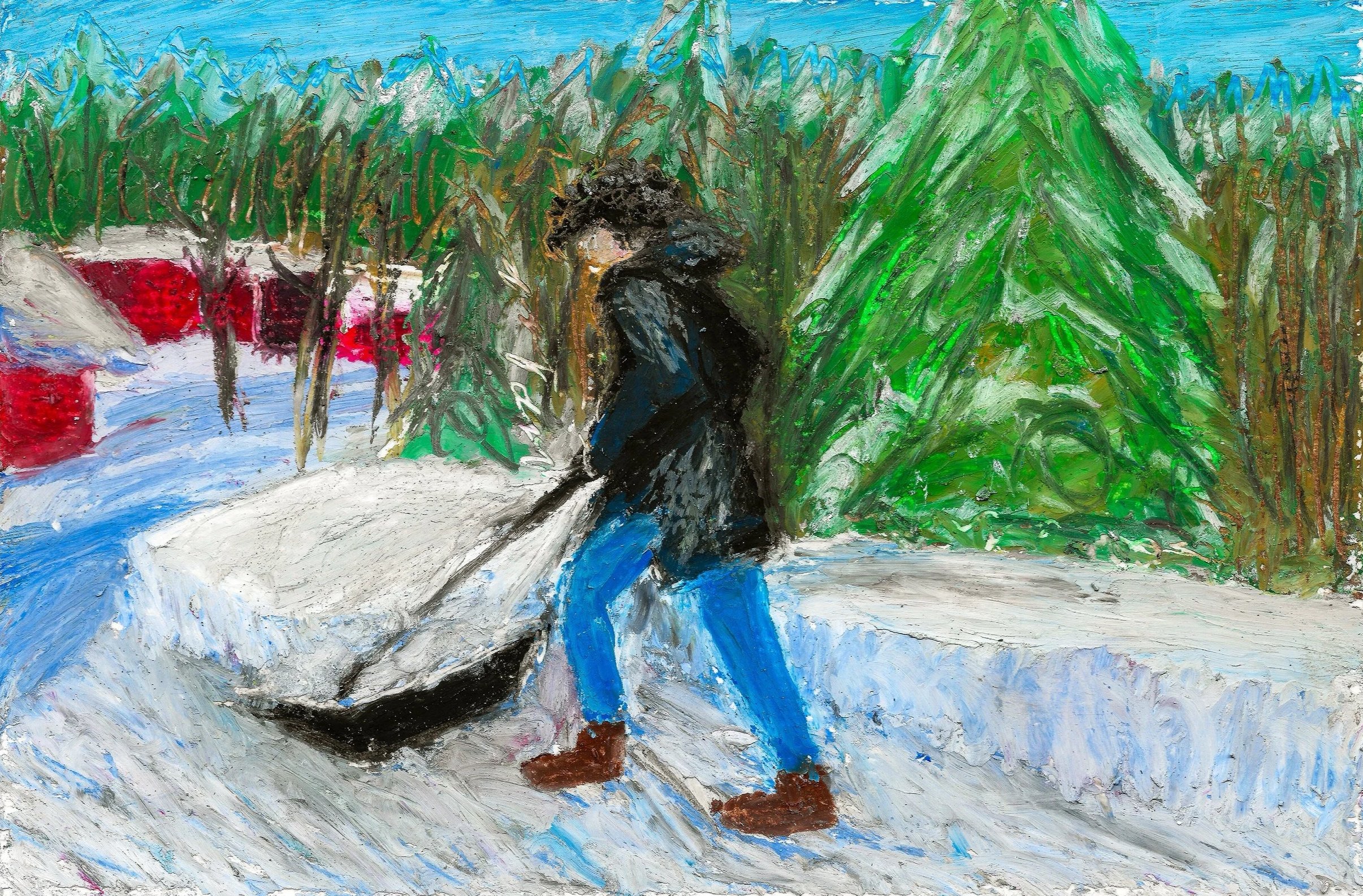 Vintersysslor (2024). Oljepastell på papper, ca 17x12 cm
