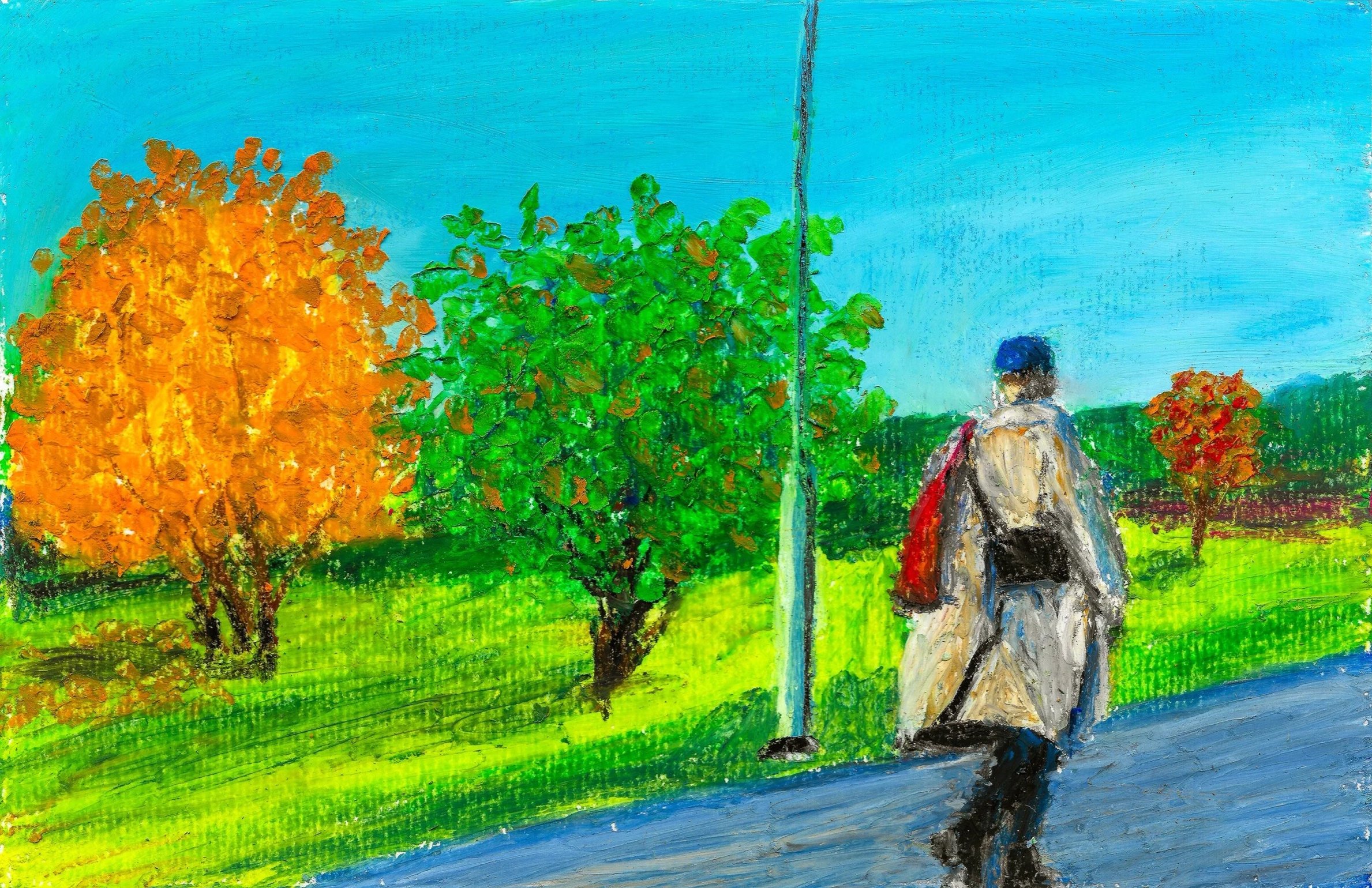 Höstpromenad (2024). Oljepastell på papper, ca 17x12 cm
