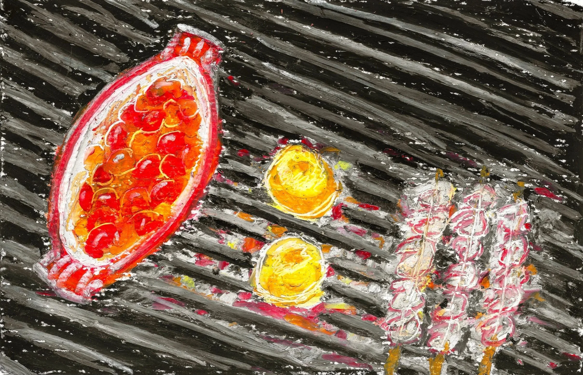Grillpremiär (2024). Oljepastell på papper, ca 17x12 cm