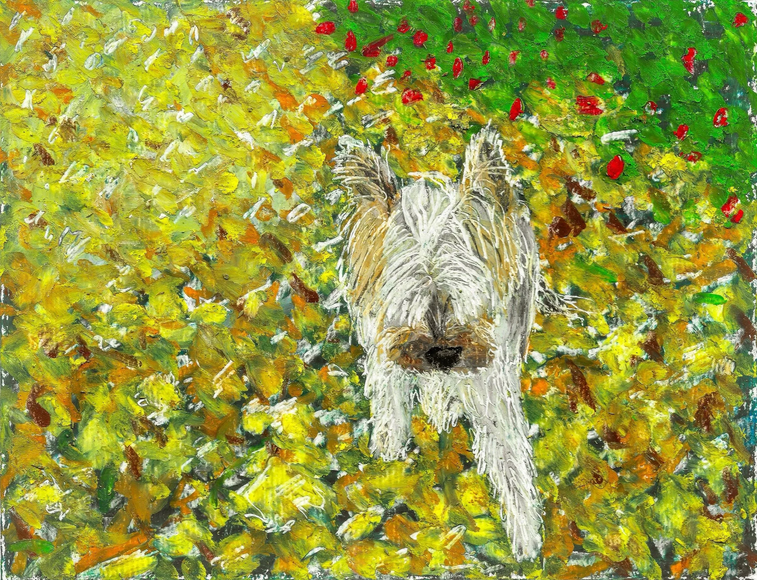 Artur i höstlöv (2024). Oljepastell på papper, ca 17x12 cm
