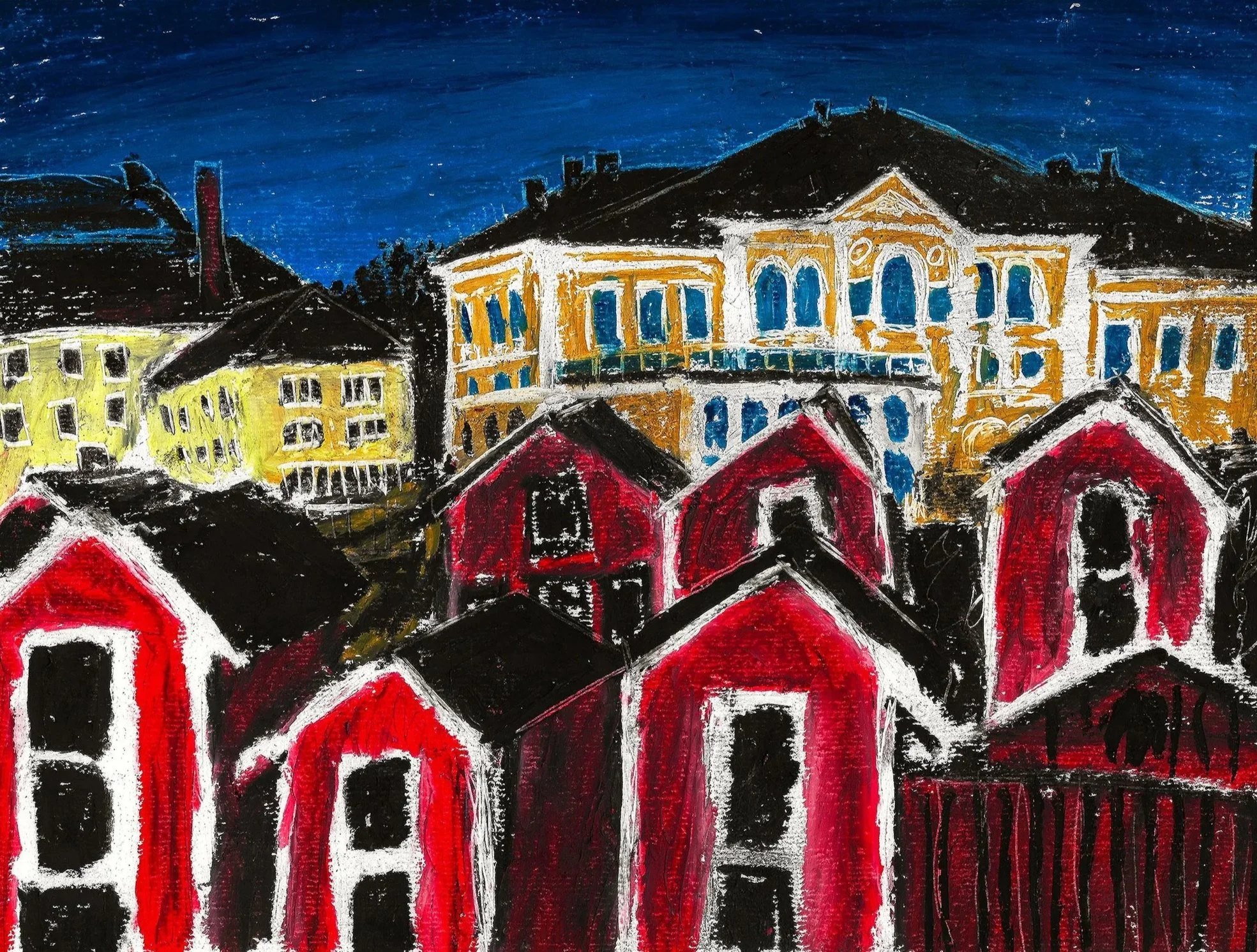 Vy från Stationsgatan (2025). Oljepastell på papper, 30x24 cm