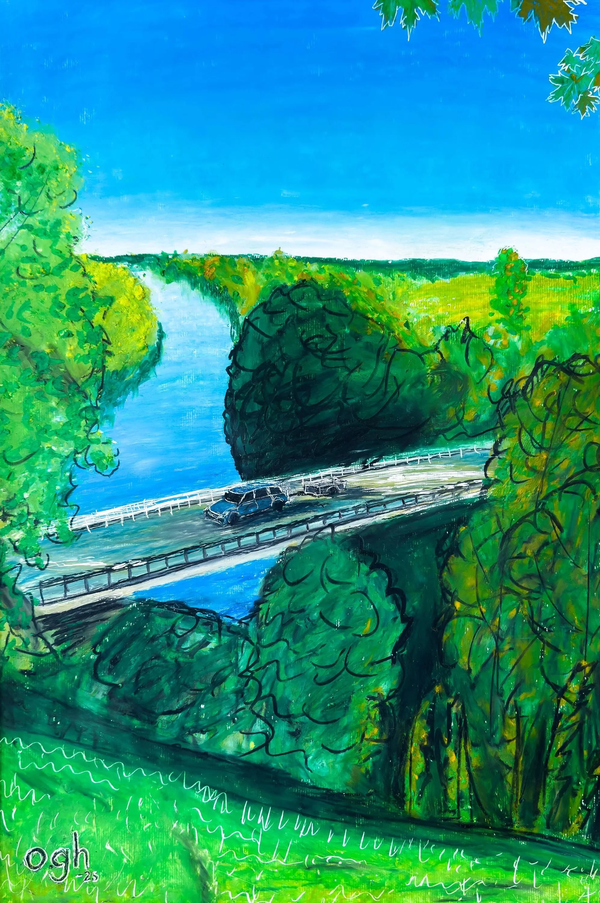 Över floden (2025). Oljepastell på papper, 38x56 cm