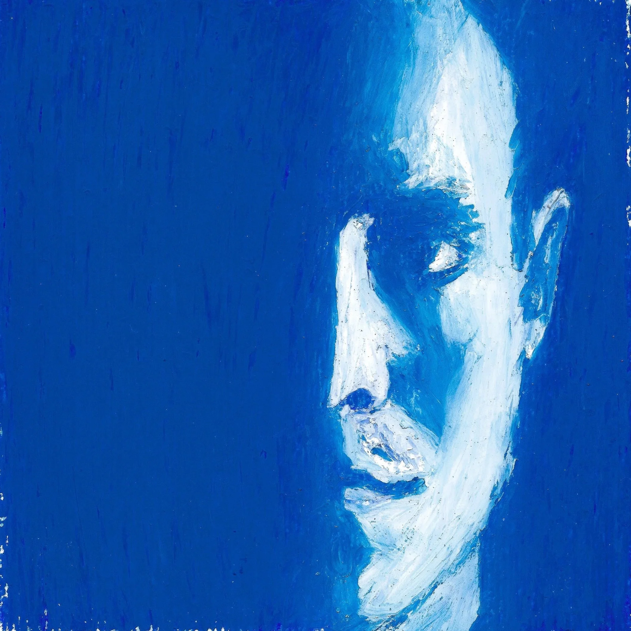 Självporträtt (2024). Oljepastell på papper, 20x20 cm