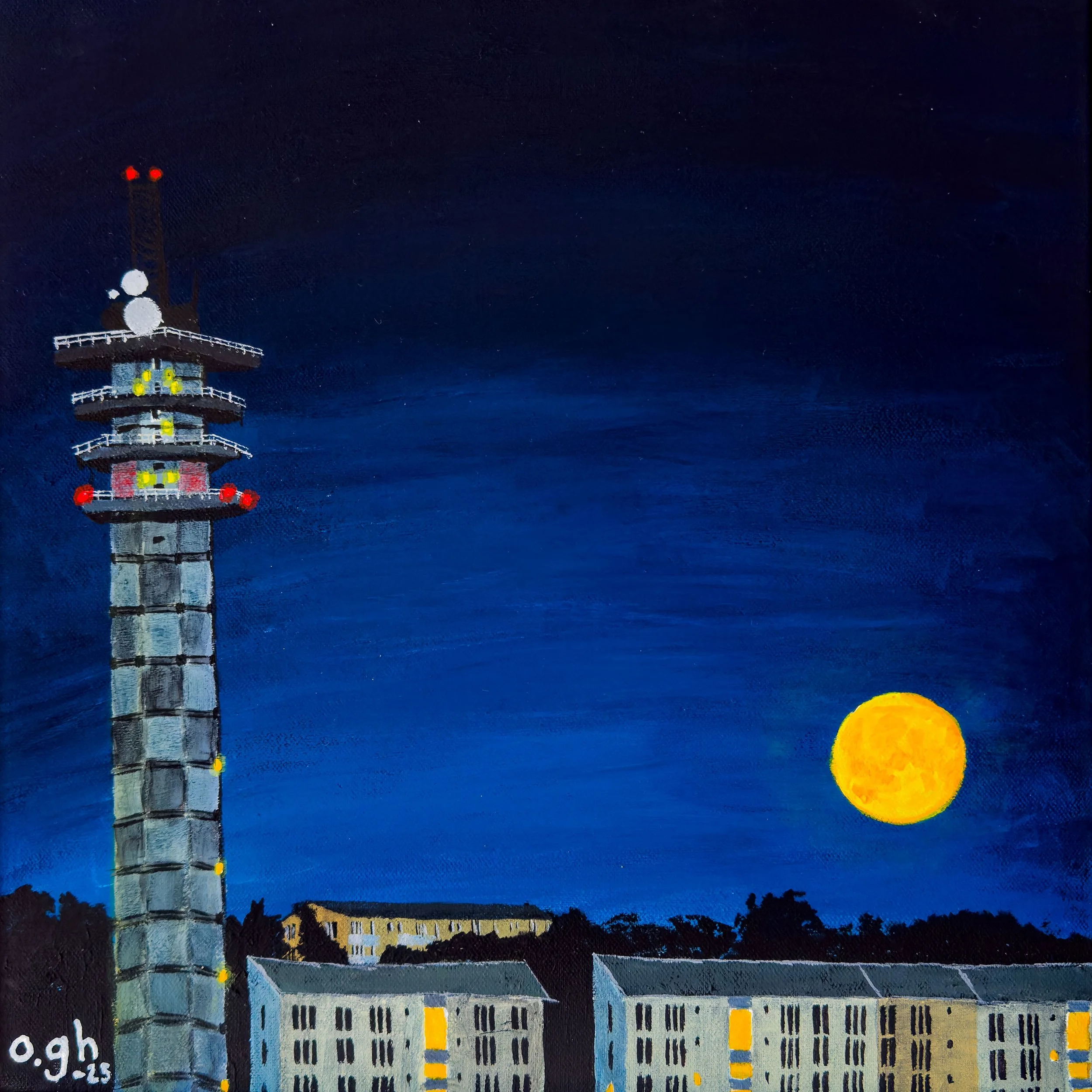 Jordgubbsmåne (2025). Akryl på duk, 40c40 cm