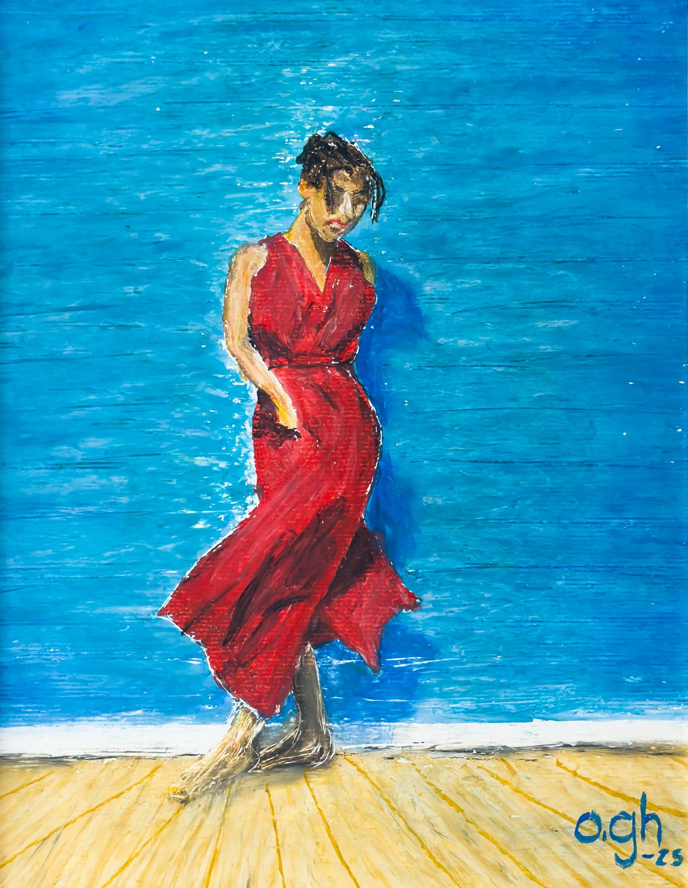Rörelse i rött (2025). Oljepastell på papper, 23x30 cm