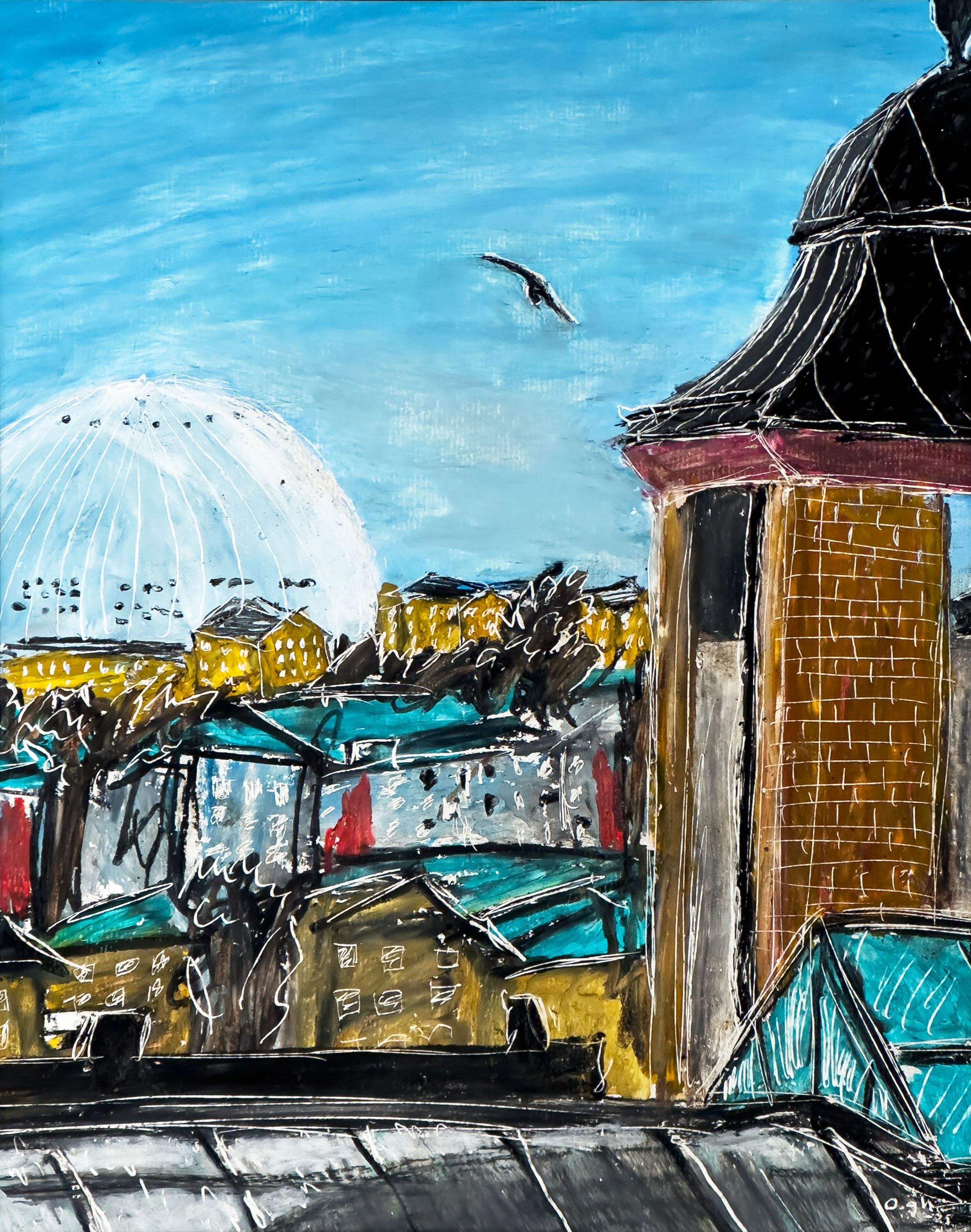 Globen – vy från Nackagatan (2025). Oljepastell på papper, A4