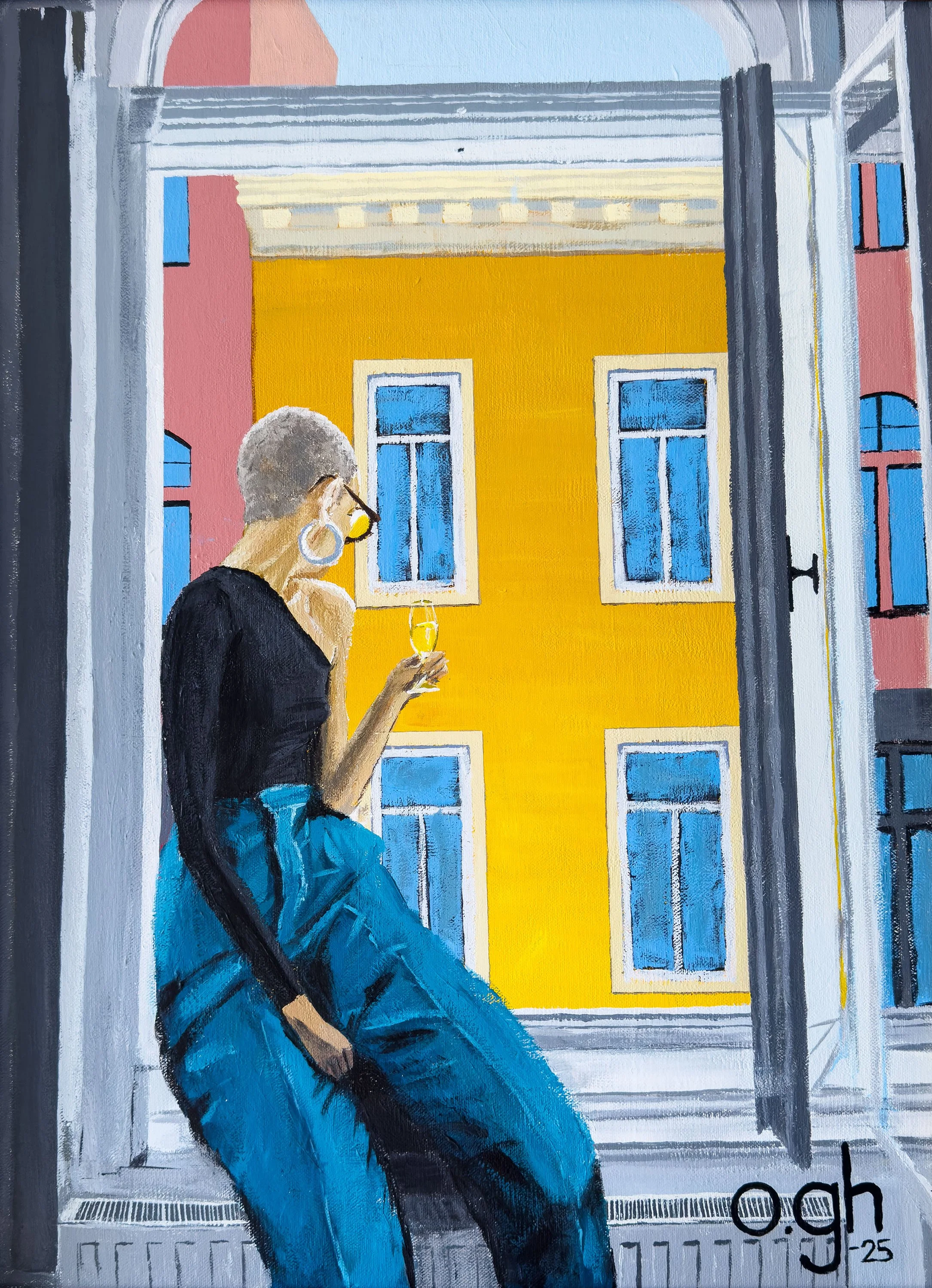 Ett glas i Wien (2025). Akryl på duk, 48x65 cm