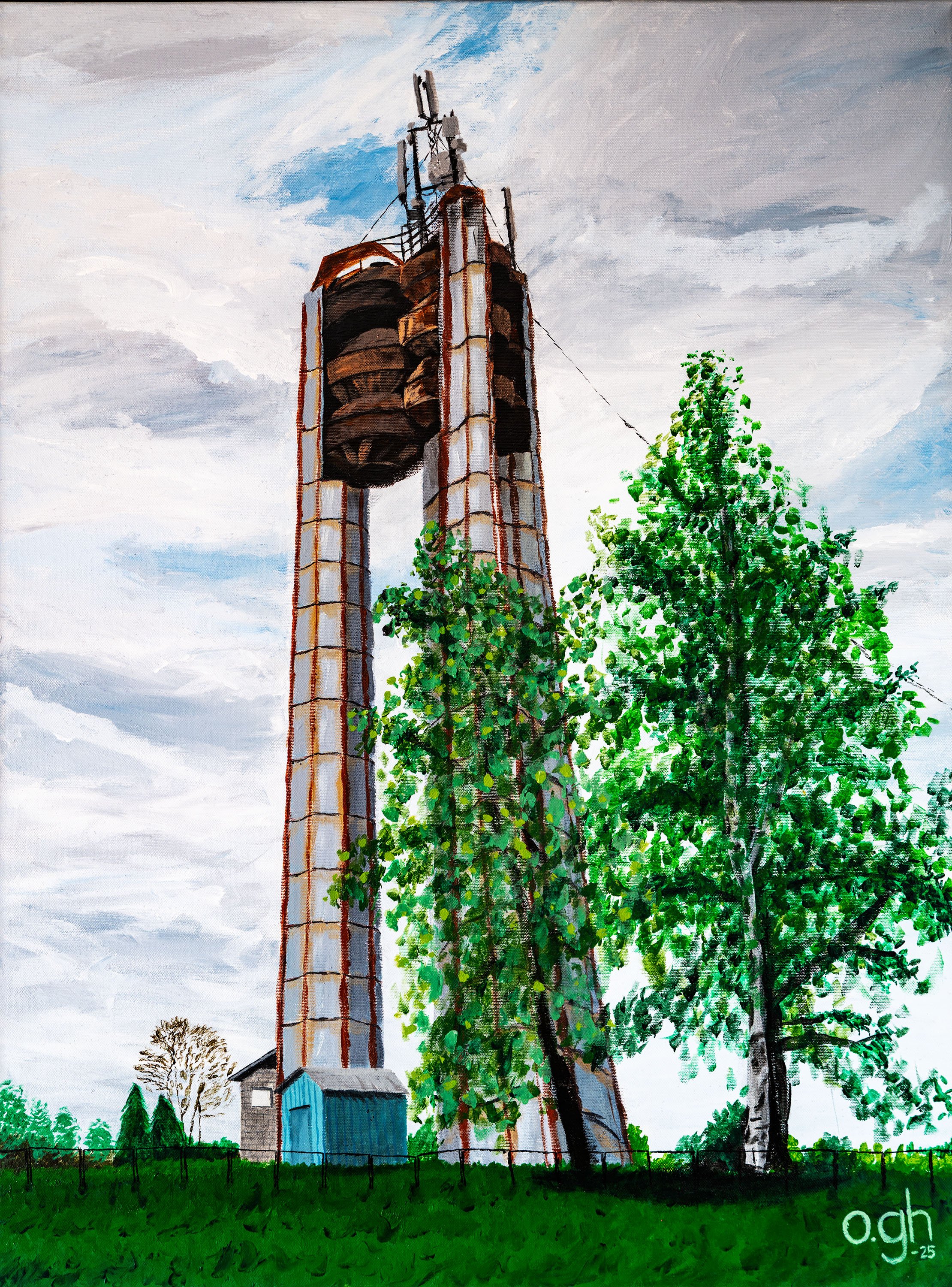 Lettiskt vattentorn (2025). Akryl på duk, 60x80 cm