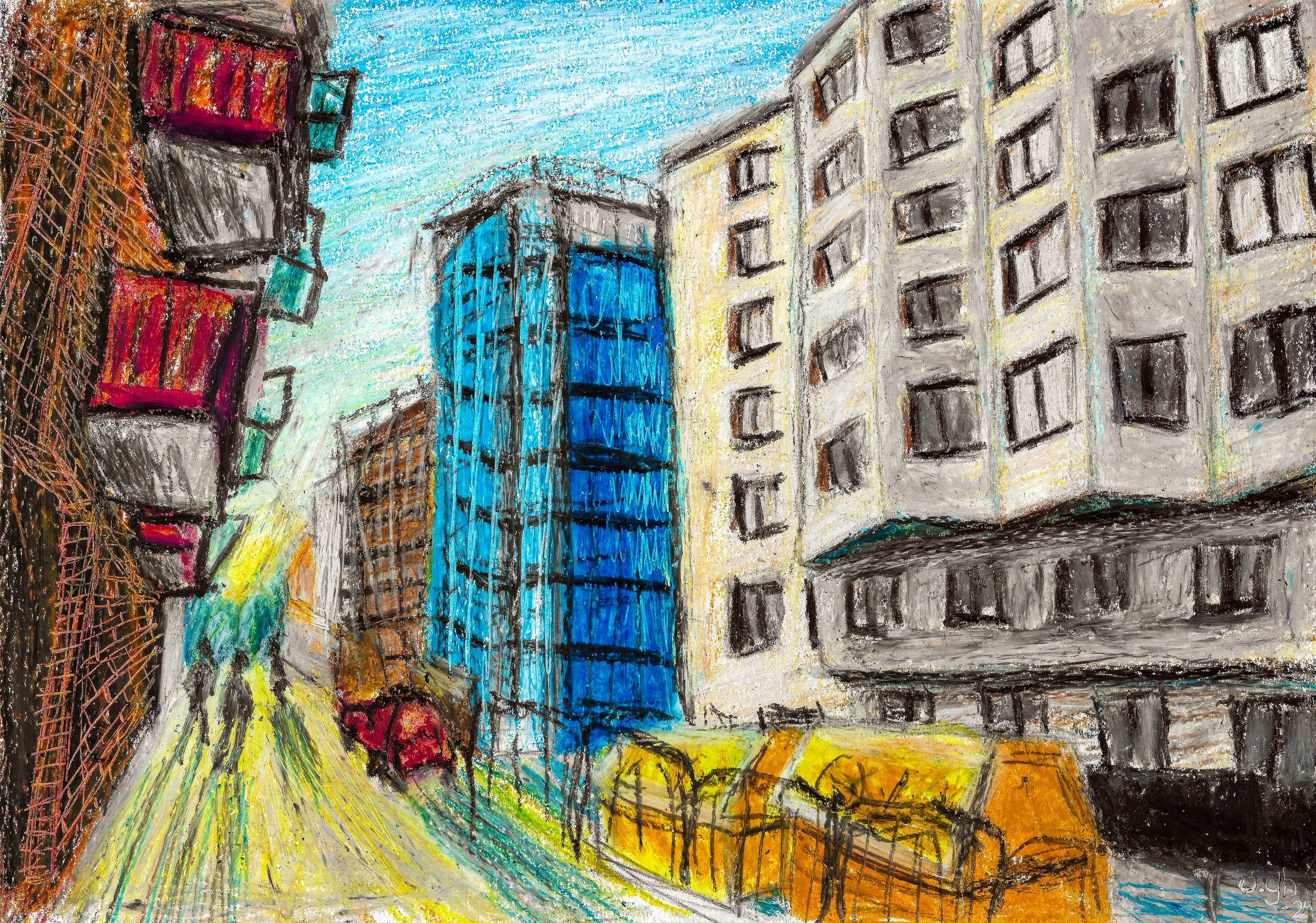 Kansliskrivargatan tar form (2024). Oljepastell på papper, A4