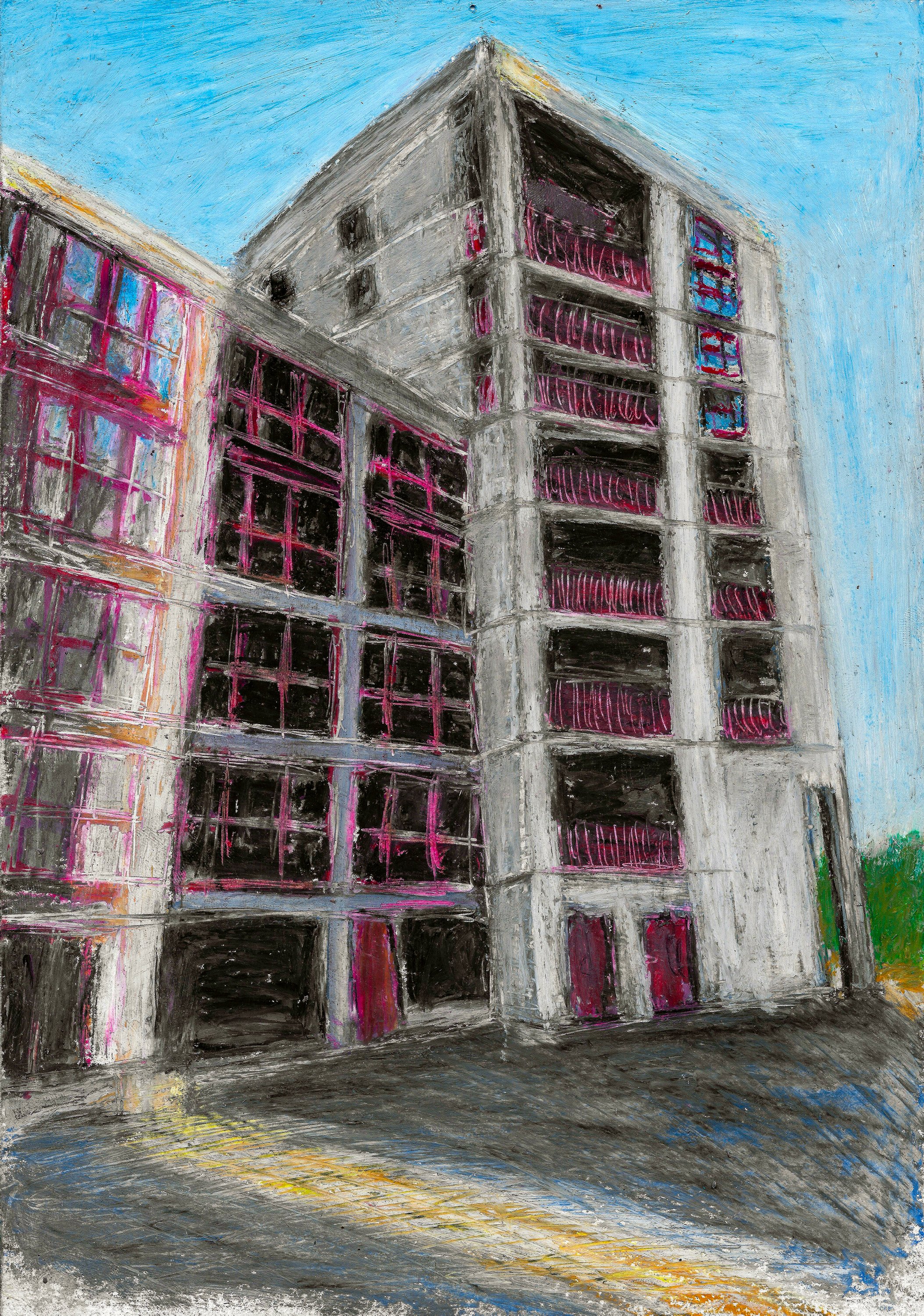 Betonghuset (2024). Oljepastell på papper, A4