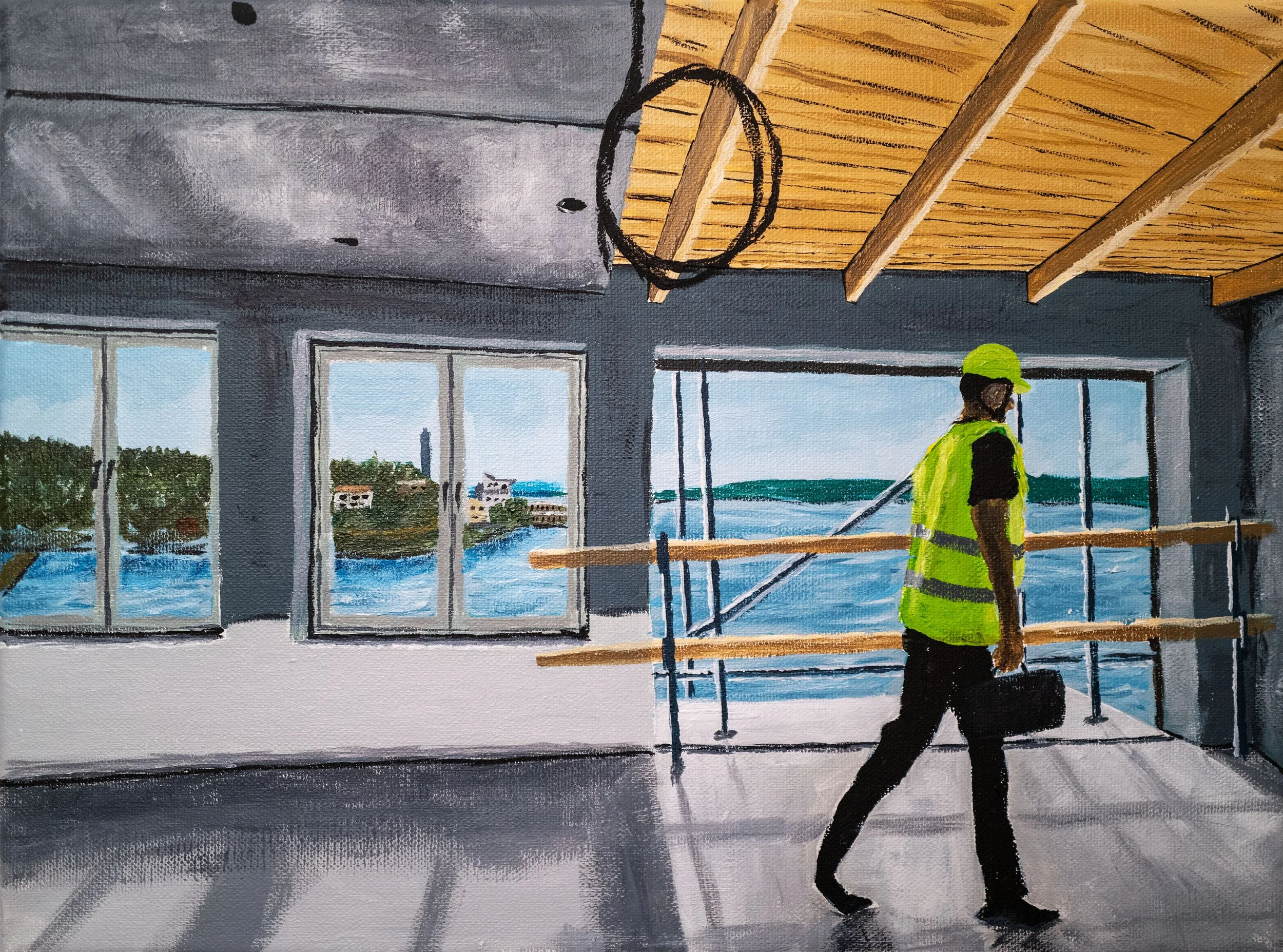Utsikt från Kattvikskajen (2025). Akryl på duk, 40x30 cm