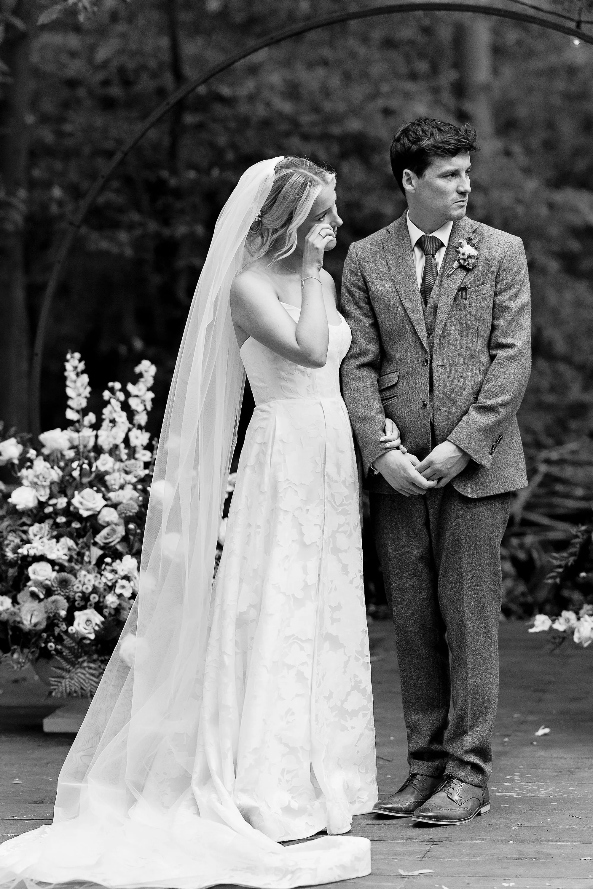 emotional bride cries at dreys woodland wedding ceremony 