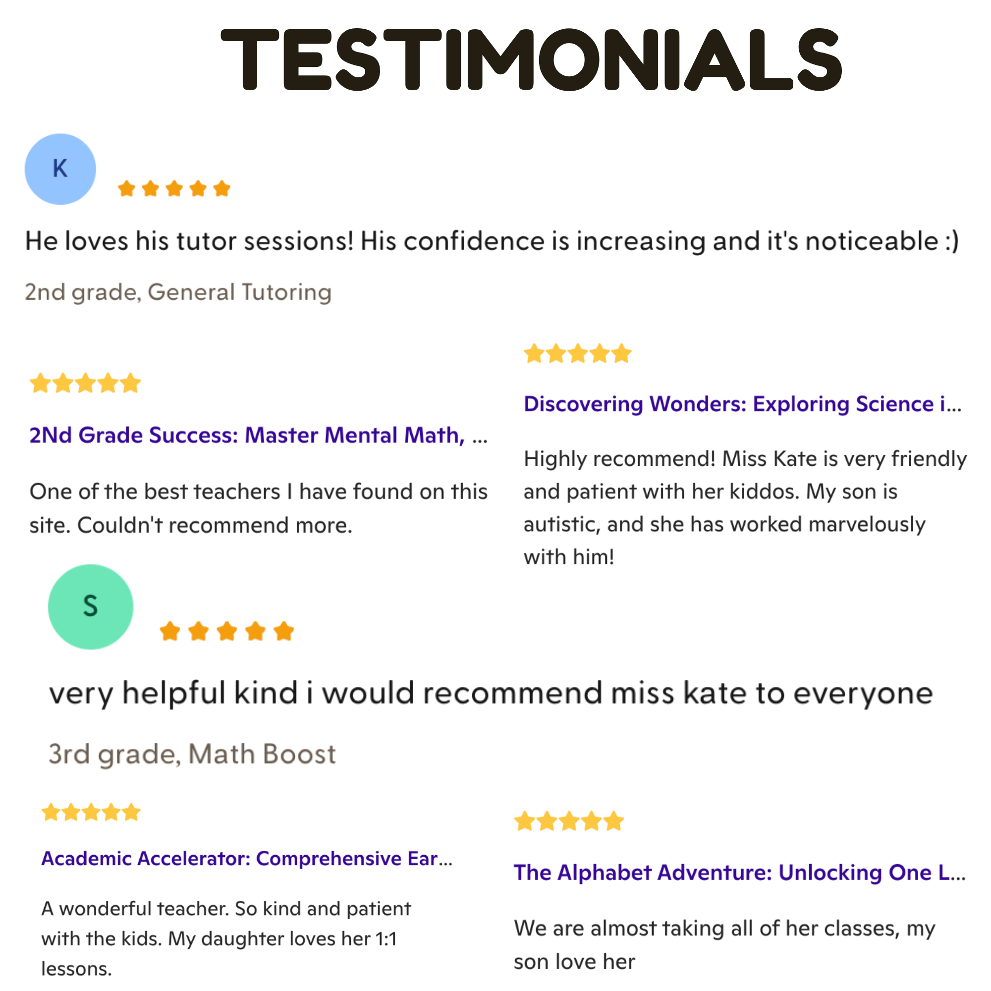 A webpage featuring multiple student testimonials with star ratings and short reviews, about tutoring and education services.