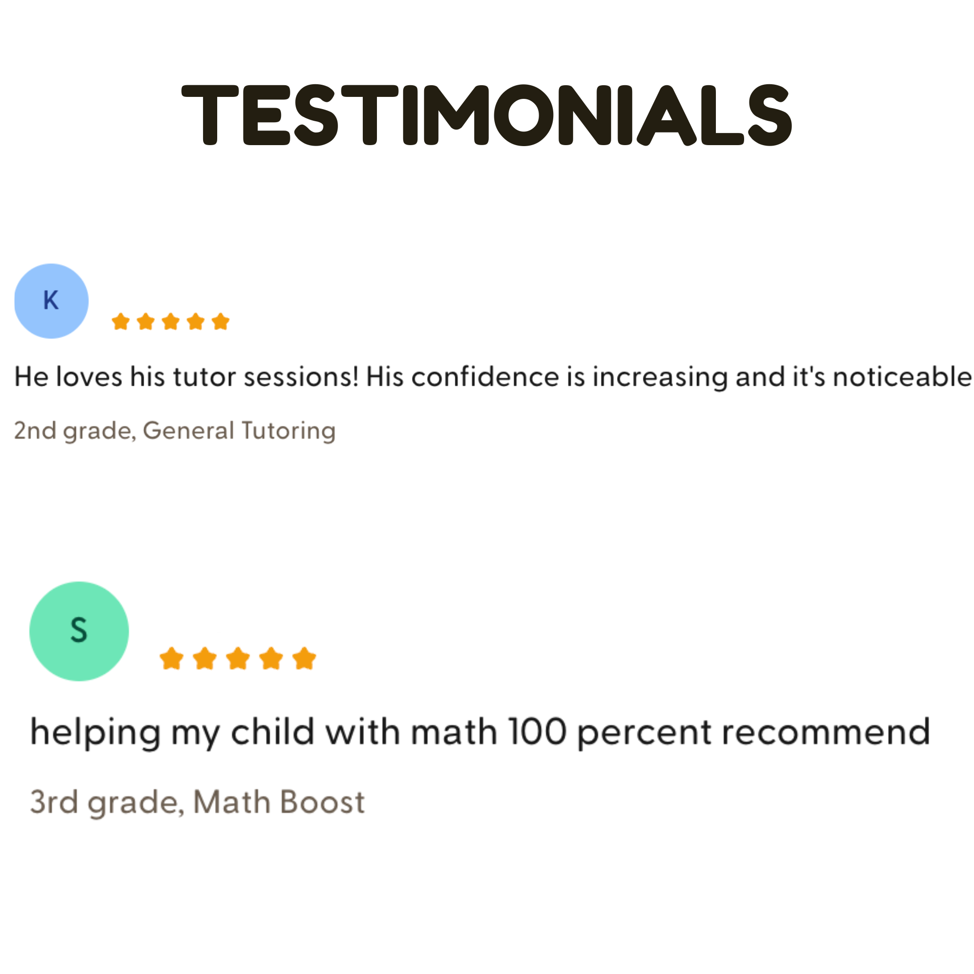 Screenshot of reviews from students praising math tutoring services, with star ratings and brief comments about confidence and academic improvement.