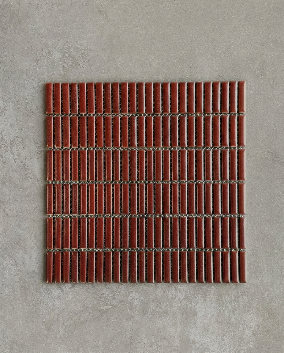 CHIBI Brick is a handcrafted Japanese mosaic stick tile with softly variegated glazes and refined texture, designed to bring depth, detail, and tactile character to contemporary interiors.