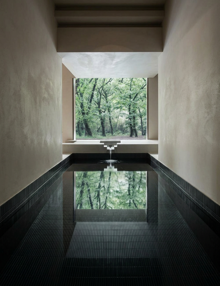 Black tiled swimming pool creating reflective water surface within minimalist architectural space
