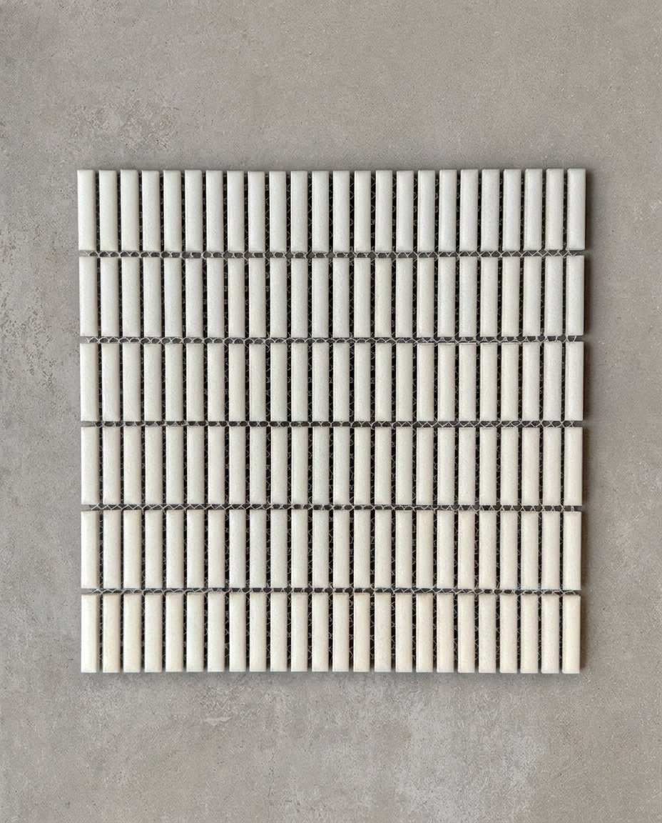 CHIBI Milk is a handcrafted Japanese mosaic stick tile with softly variegated glazes and refined texture, designed to bring depth, detail, and tactile character to contemporary interiors.