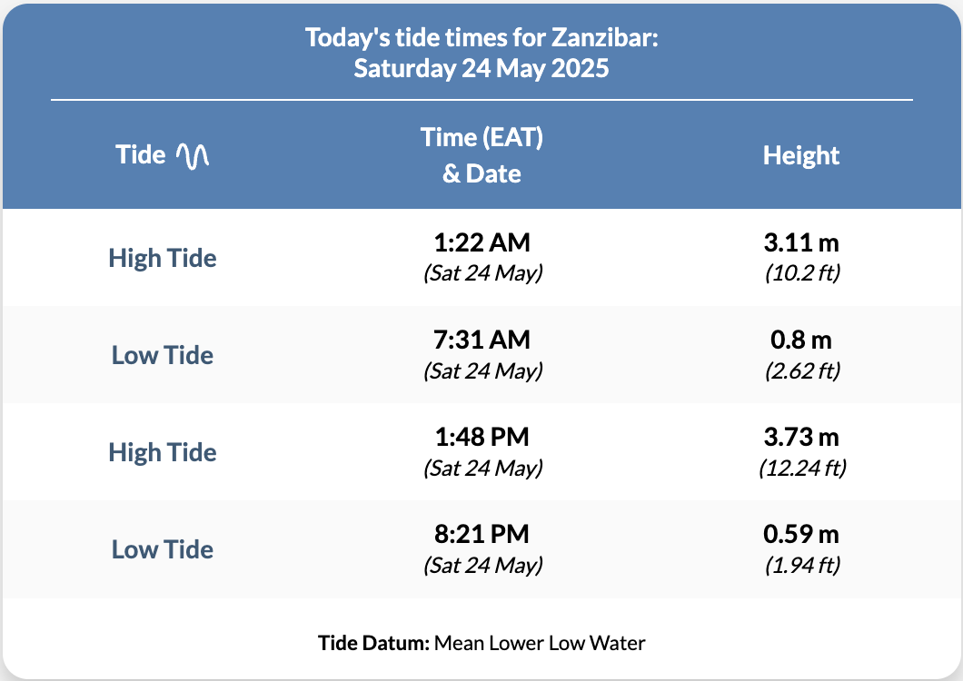 Tide chart example showing high and low tide times for Zanzibar
