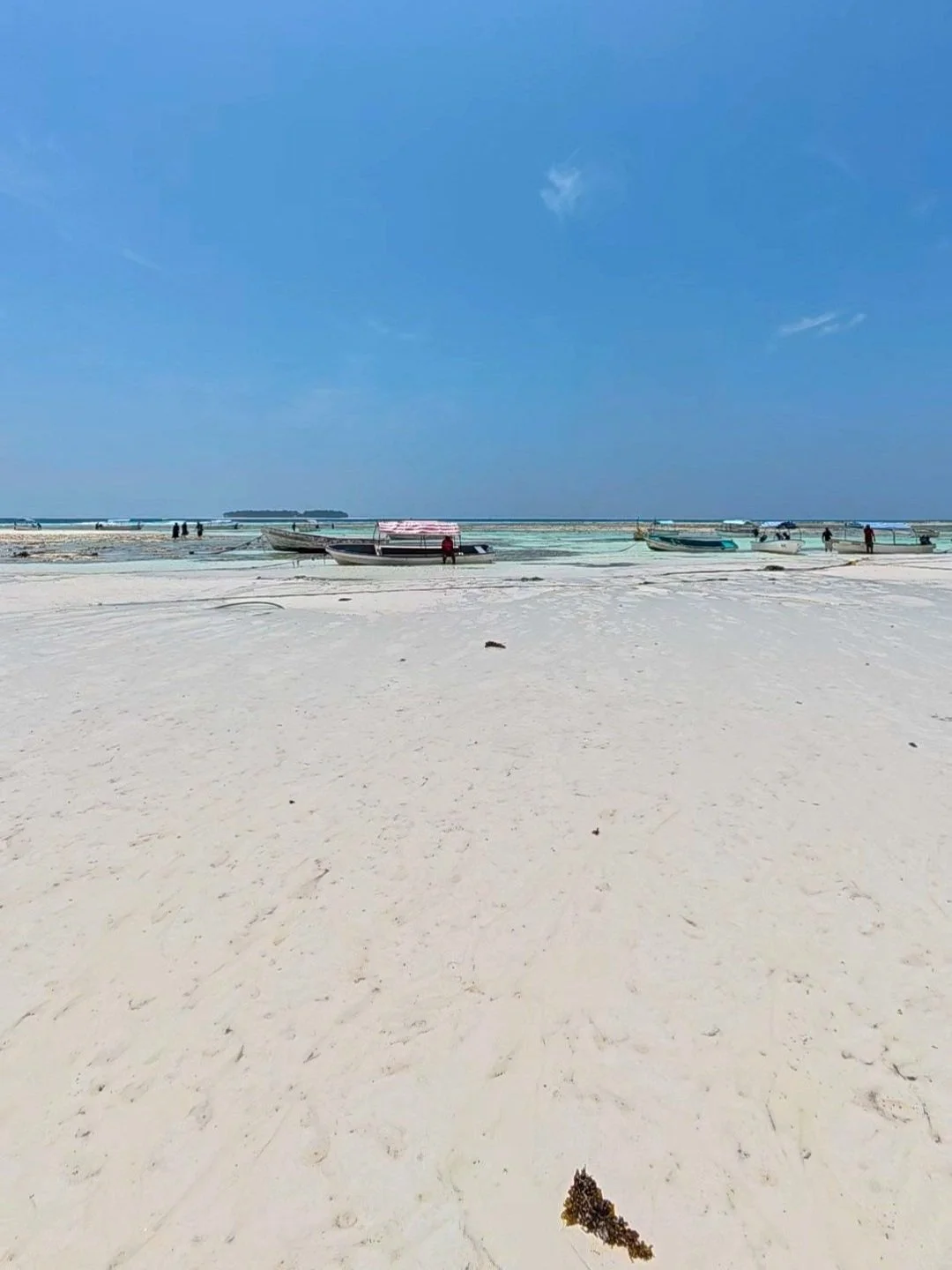 Paje beach on Zanzibar's east coast at low tide with the sea pulled far back