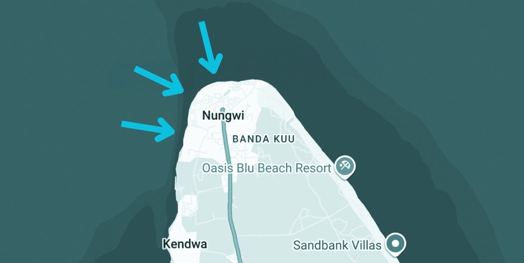 Map of Nungwi beach in Zanzibar with arrows showing the full stretch of accommodation options along the coast