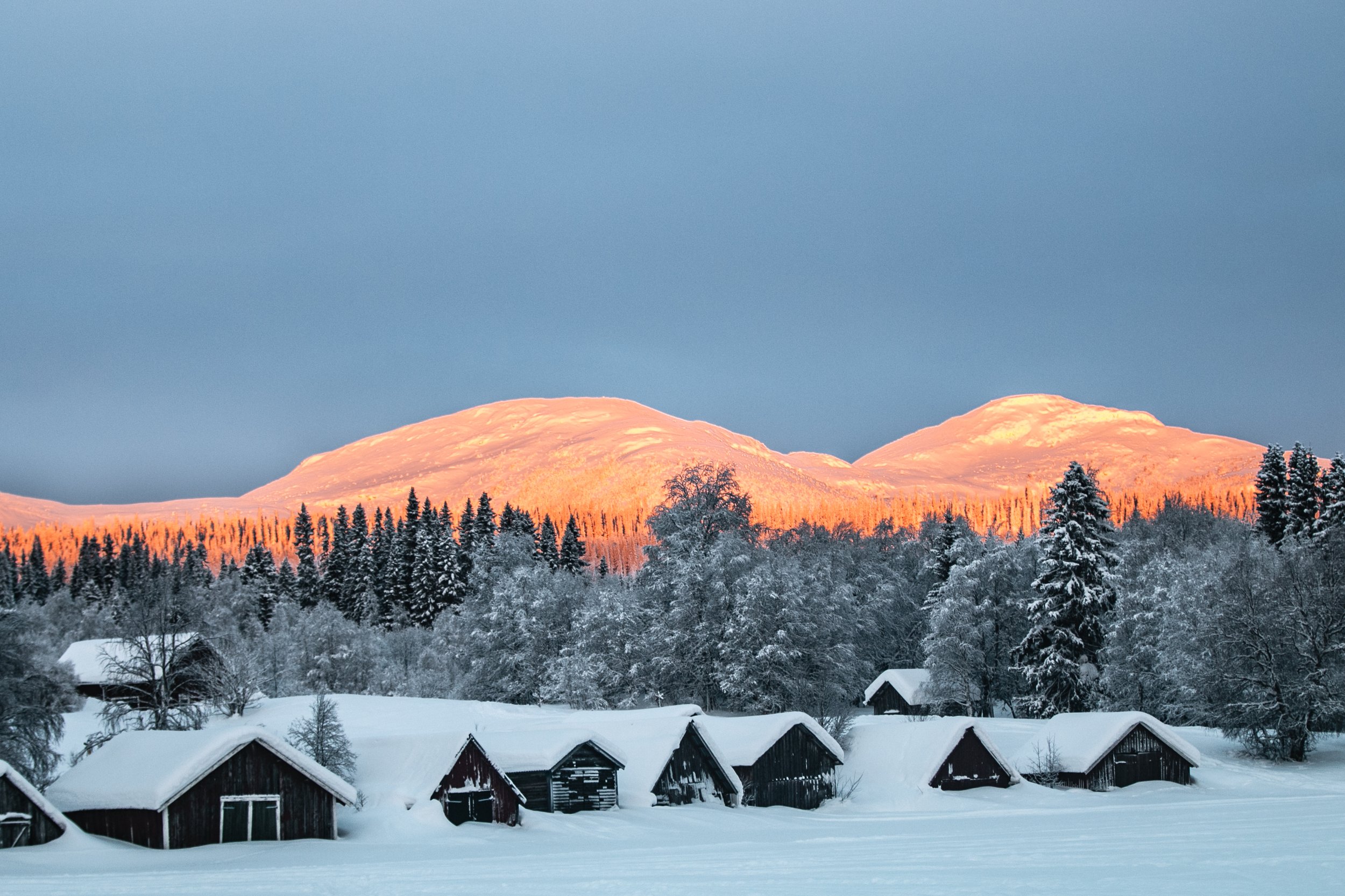 Schneebedeckte Häuser in einem verschneiten Wald mit Bergen im Sonnenlicht im Hintergrund, unter einem grauen Himmel.