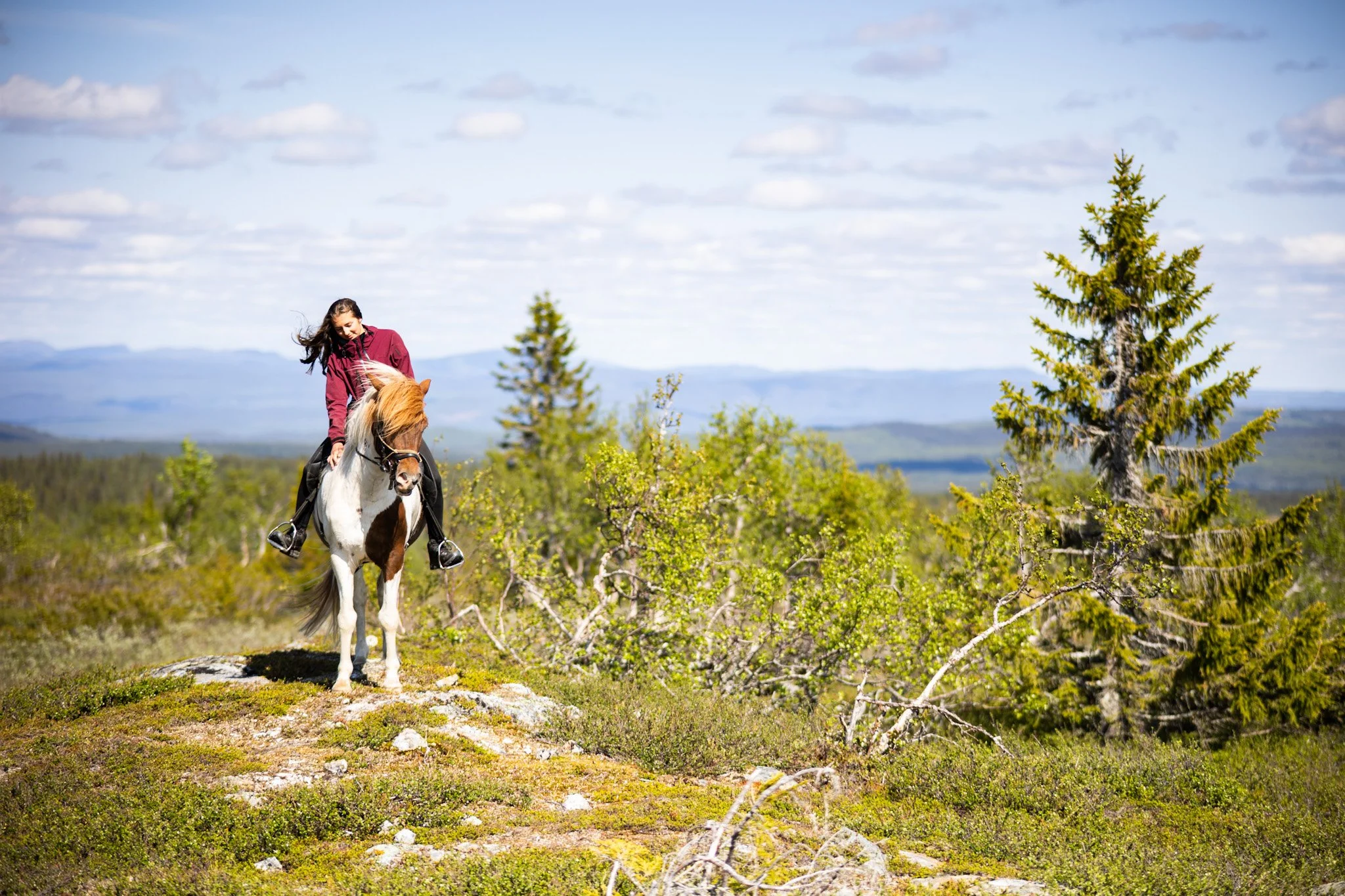 Junge Frau reitet auf einem weißen und braunen Pferd in einer grünen, bewaldeten Landschaft mit Bergen im Hintergrund