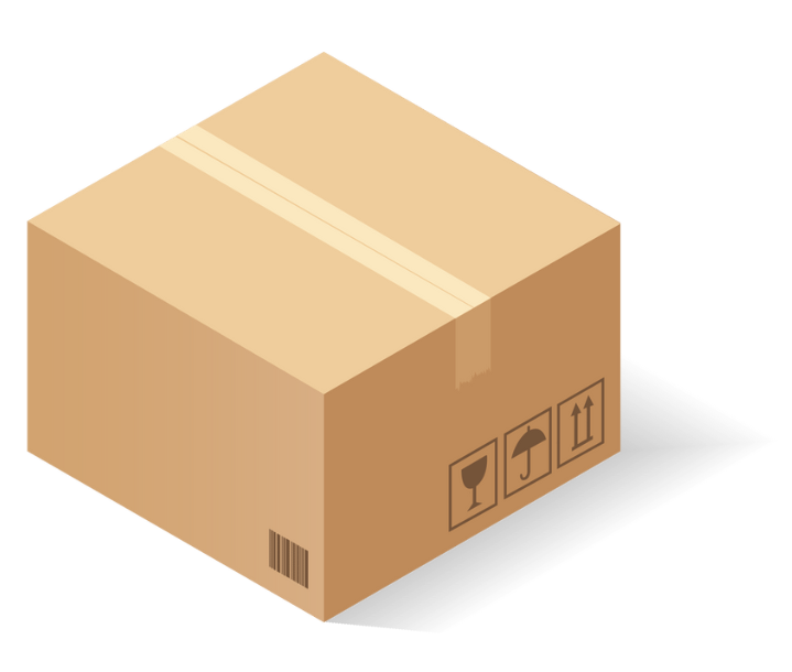 A closed cardboard shipping box with handling symbols and a barcode.